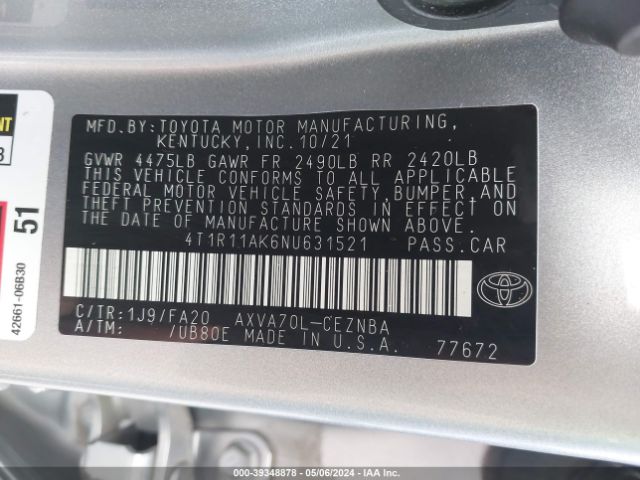 Photo 8 VIN: 4T1R11AK6NU631521 - TOYOTA CAMRY 