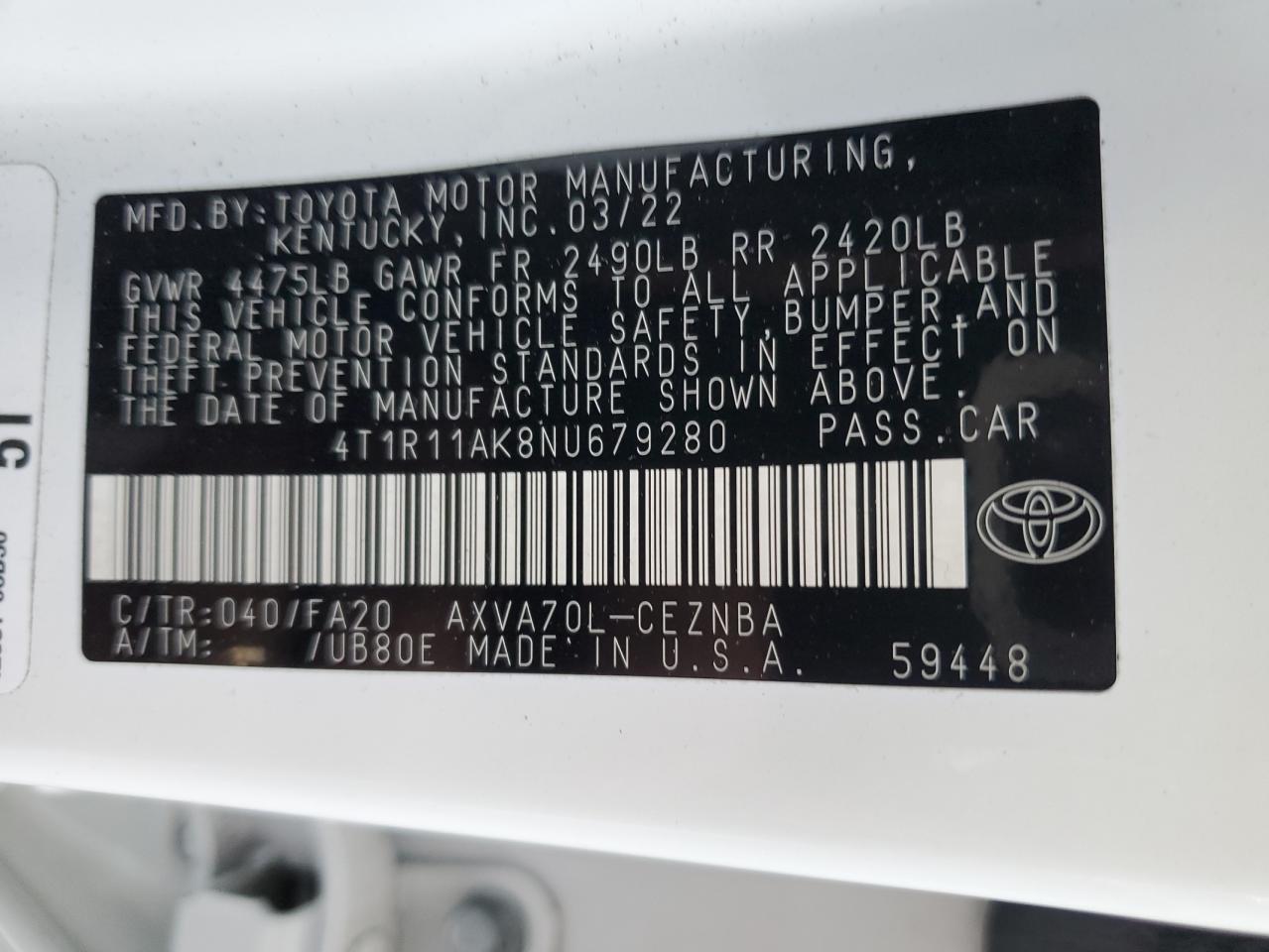 Photo 11 VIN: 4T1R11AK8NU679280 - TOYOTA CAMRY 