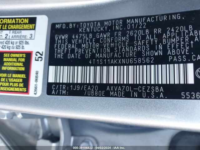 Photo 8 VIN: 4T1S11AKXNU658562 - TOYOTA CAMRY 