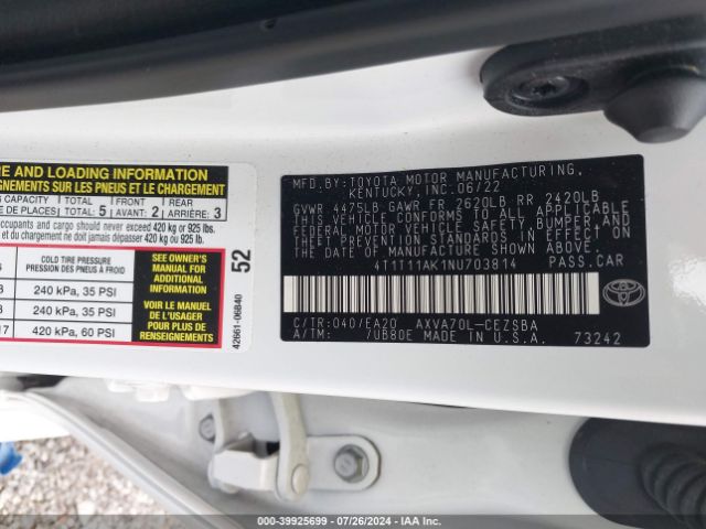 Photo 8 VIN: 4T1T11AK1NU703814 - TOYOTA CAMRY 