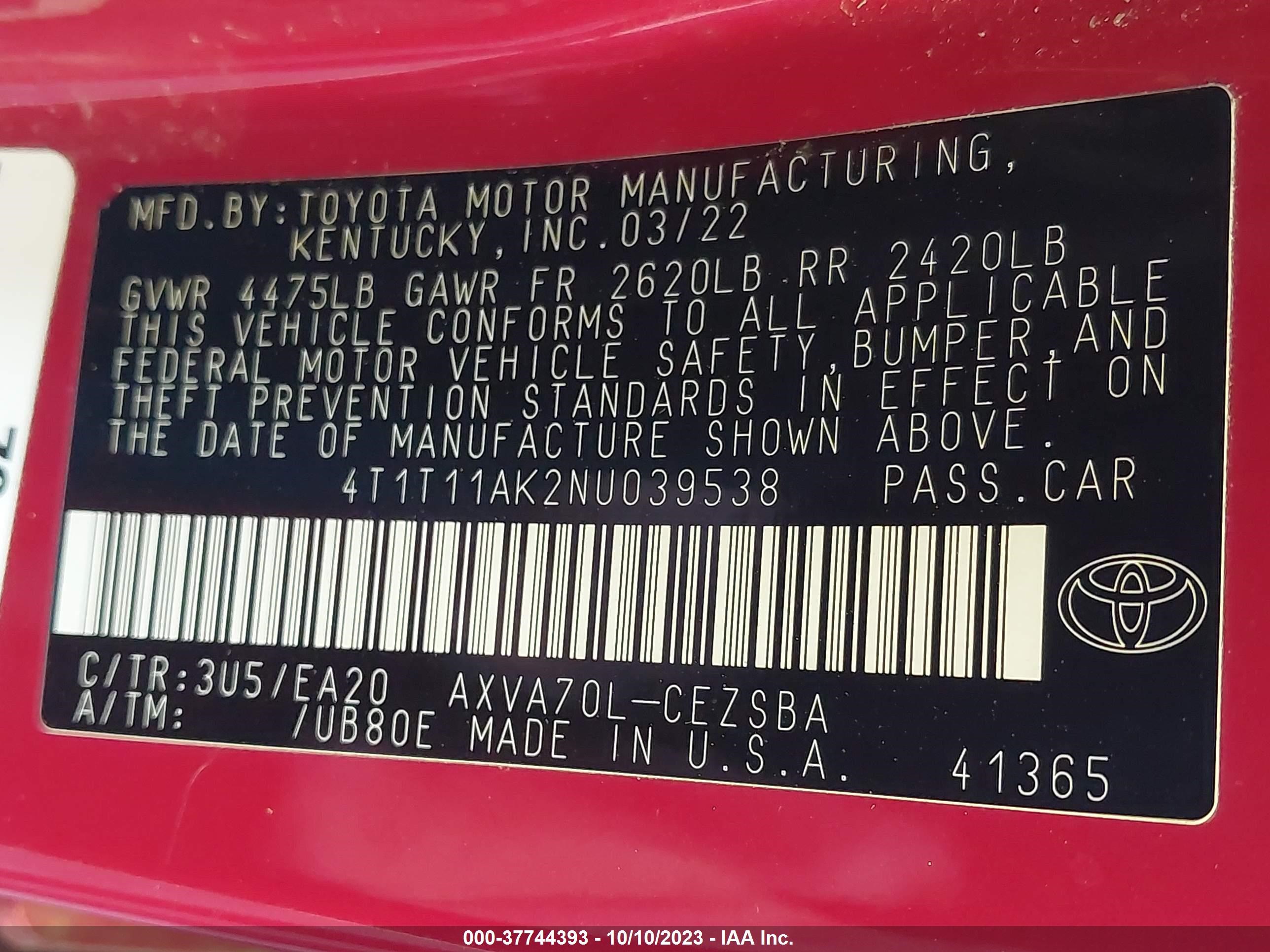 Photo 8 VIN: 4T1T11AK2NU039538 - TOYOTA CAMRY 