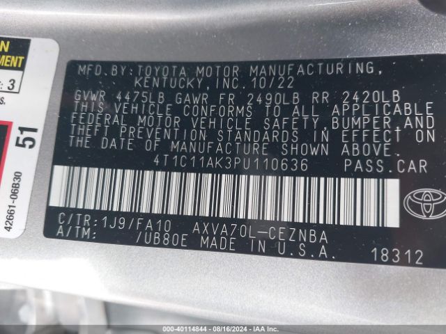 Photo 8 VIN: 4T1T11AK3PU110636 - TOYOTA CAMRY 