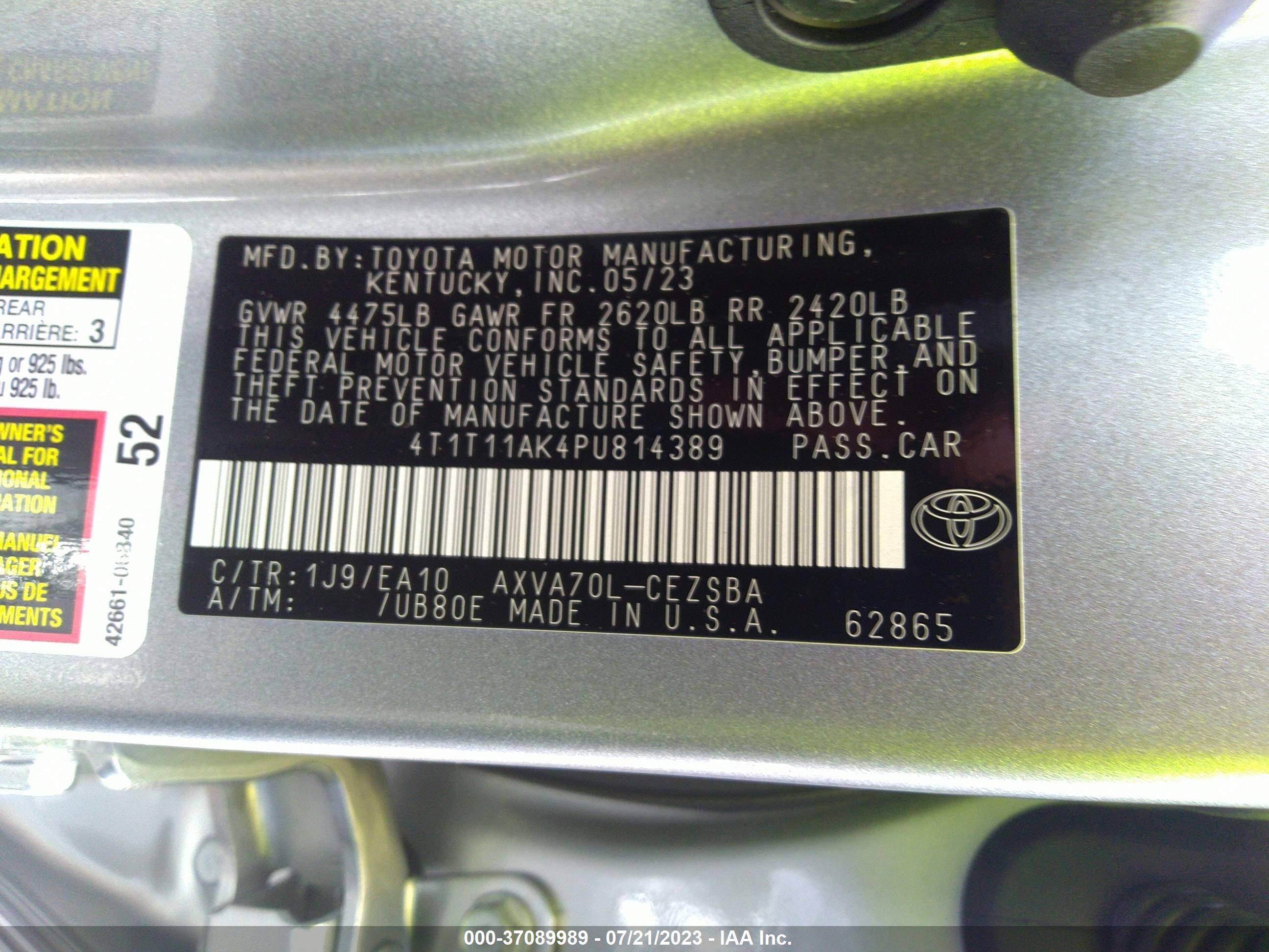 Photo 8 VIN: 4T1T11AK4PU814389 - TOYOTA CAMRY 