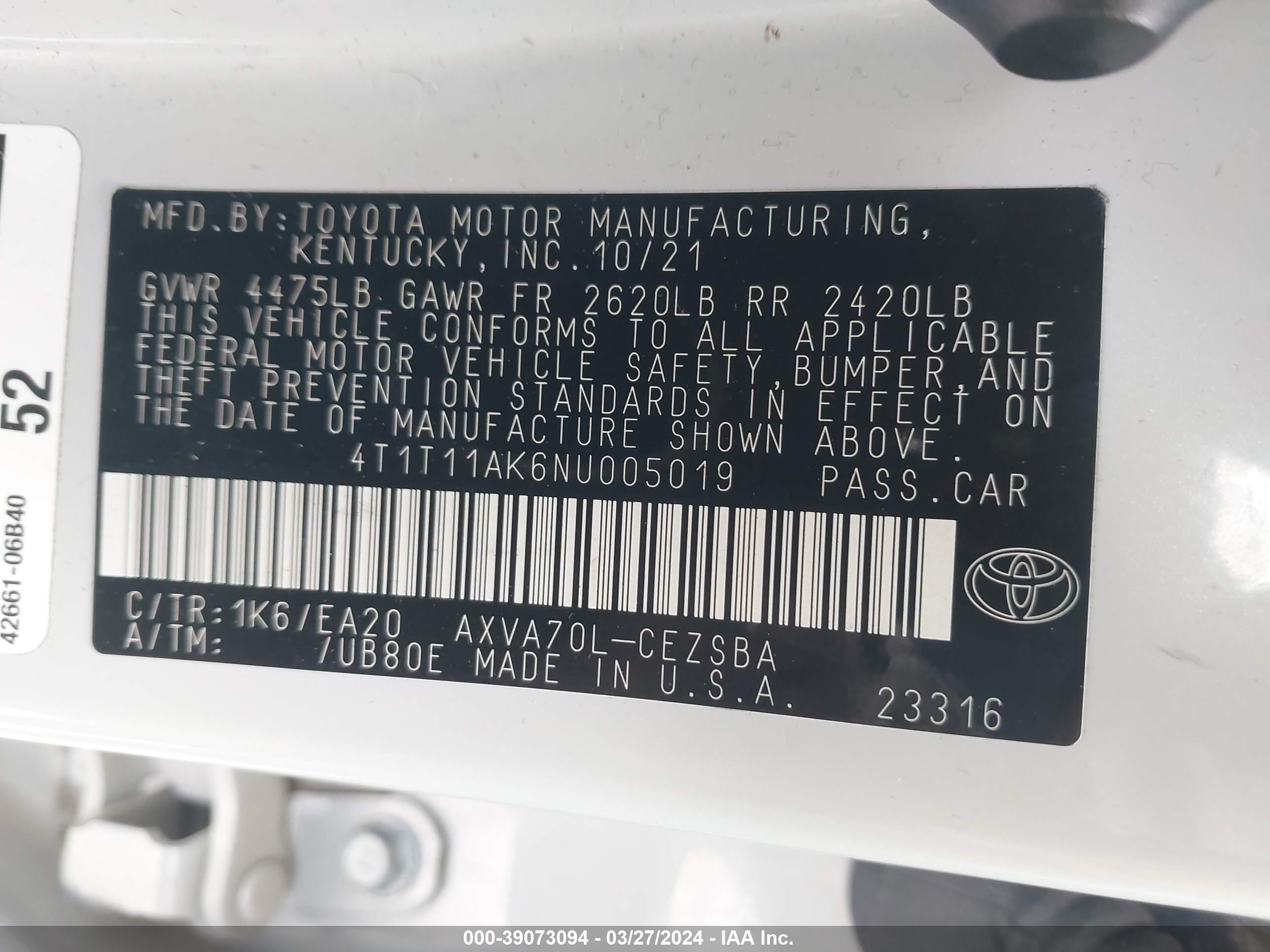 Photo 8 VIN: 4T1T11AK6NU005019 - TOYOTA CAMRY 