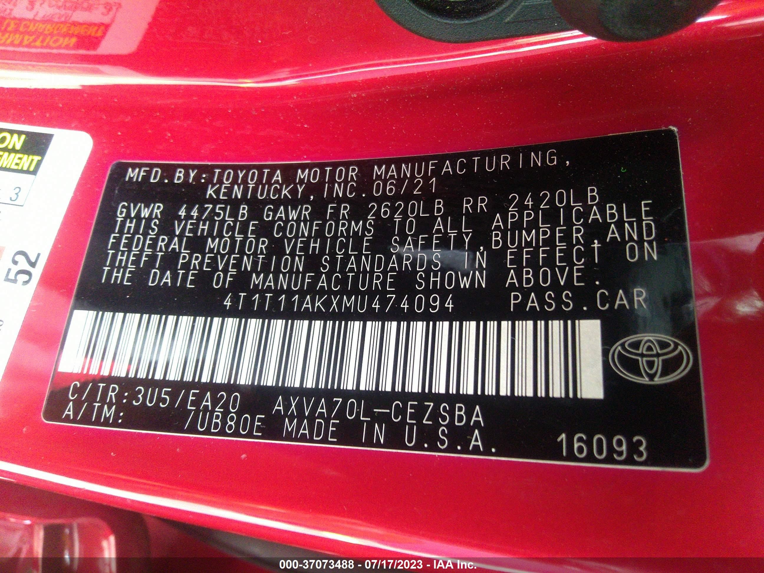 Photo 8 VIN: 4T1T11AKXMU474094 - TOYOTA CAMRY 