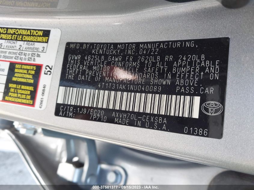 Photo 8 VIN: 4T1T31AK1NU040089 - TOYOTA CAMRY 