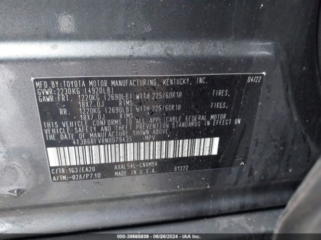 Photo 8 VIN: 4T3B6RFV8NU079435 - TOYOTA RAV4 XLE P 