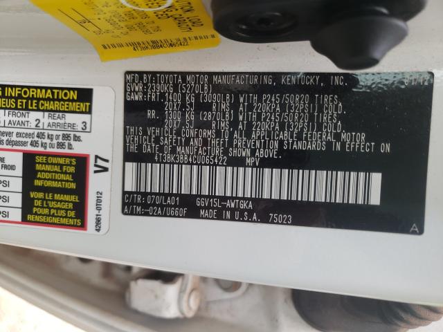 Photo 9 VIN: 4T3BK3BB4CU065422 - TOYOTA VENZA LE 