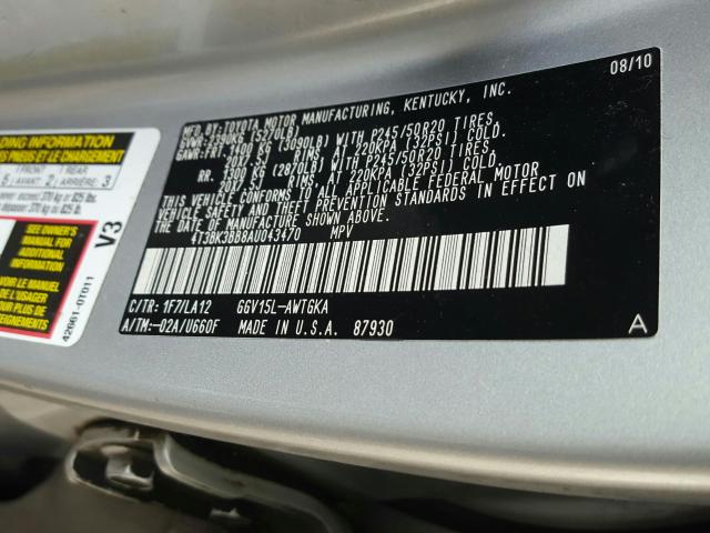 Photo 9 VIN: 4T3BK3BB8AU043470 - TOYOTA VENZA 