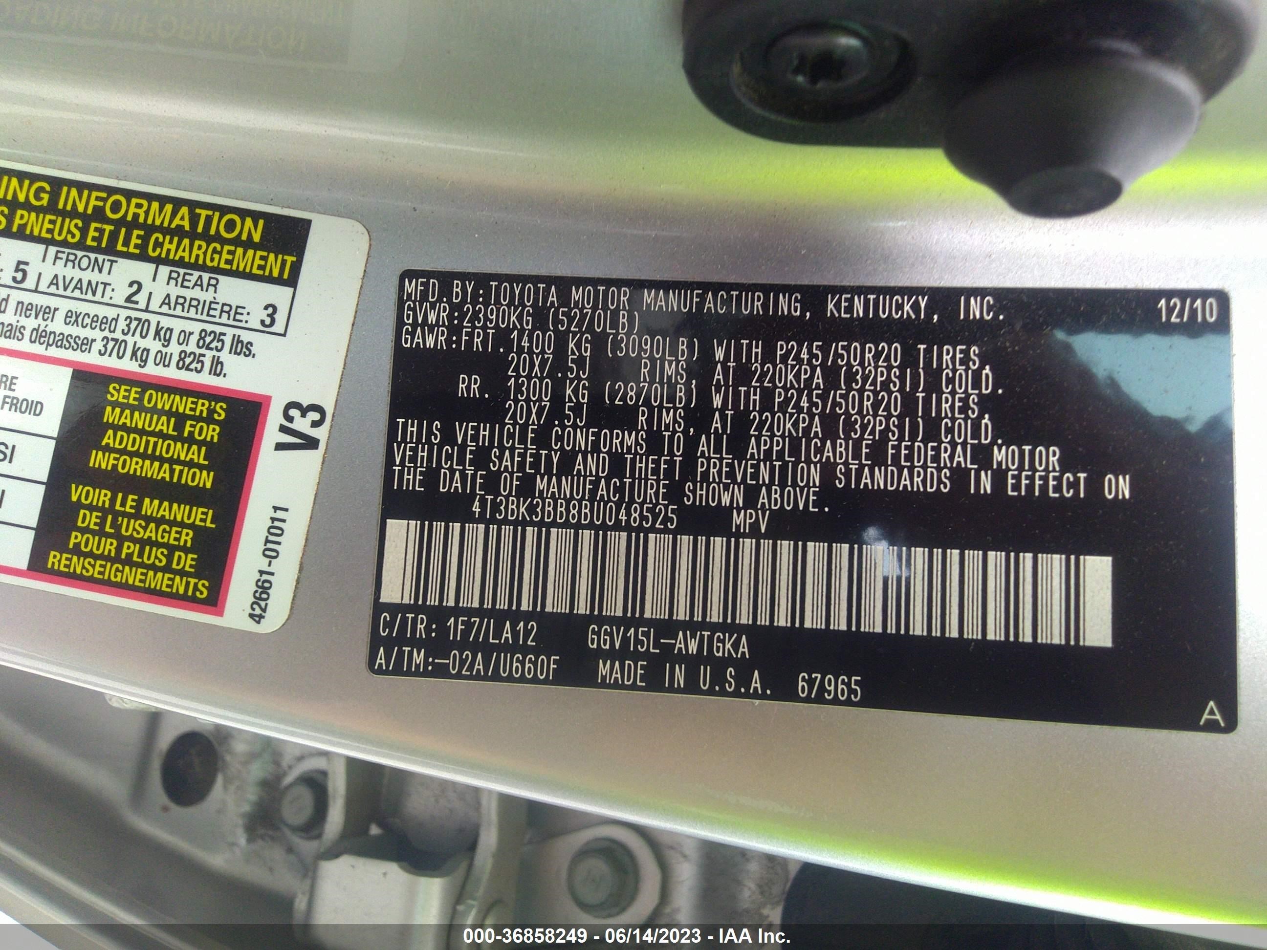 Photo 8 VIN: 4T3BK3BB8BU048525 - TOYOTA VENZA 