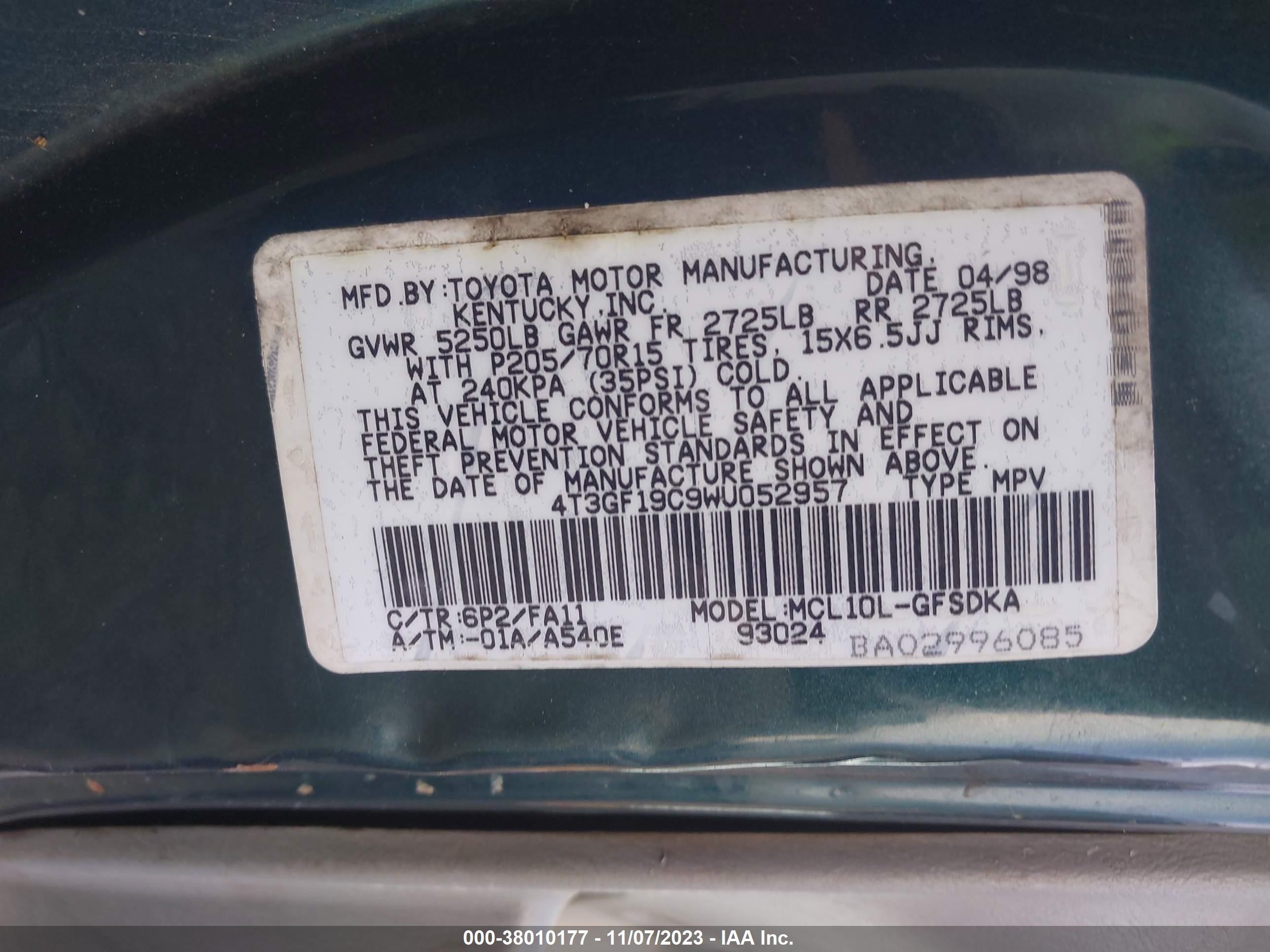 Photo 8 VIN: 4T3GF19C9WU052957 - TOYOTA SIENNA 