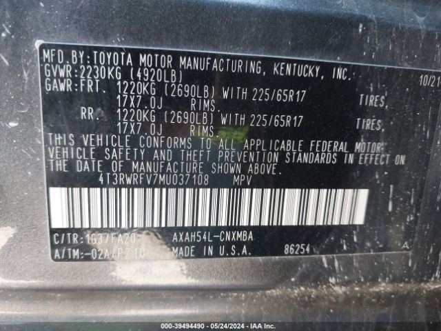 Photo 8 VIN: 4T3RWRFV7MU037108 - TOYOTA RAV4 