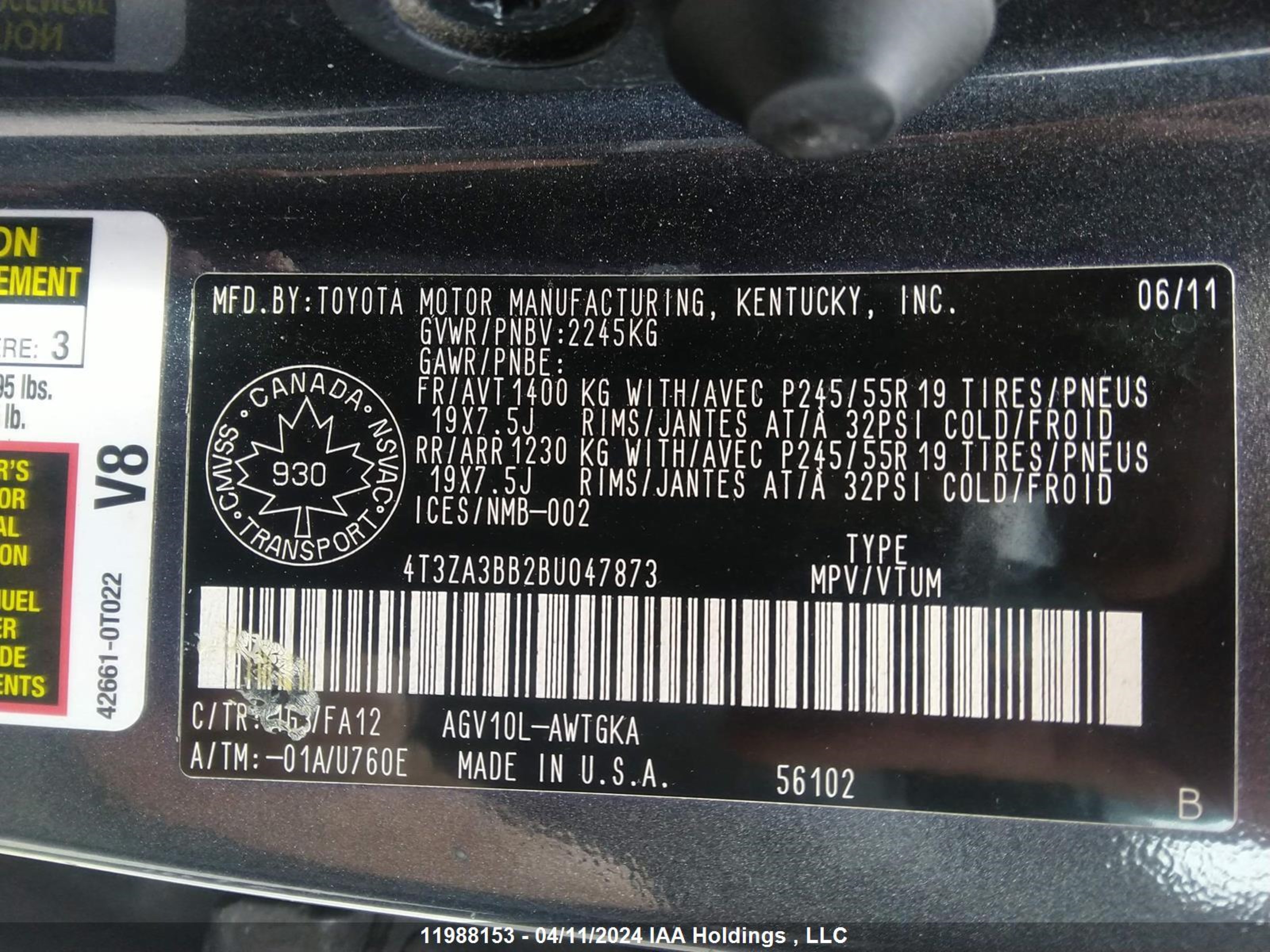 Photo 8 VIN: 4T3ZA3BB2BU047873 - TOYOTA VENZA 