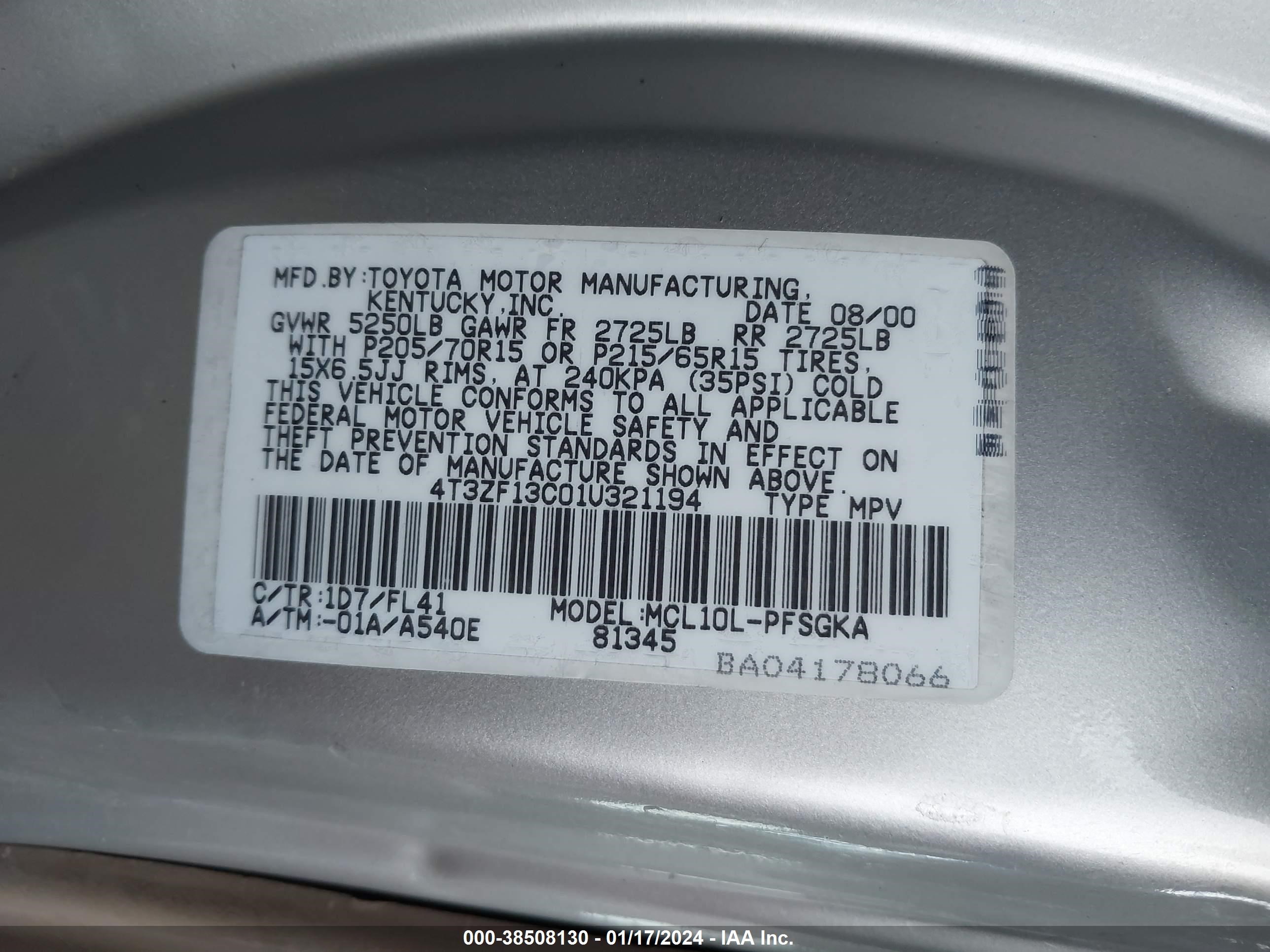 Photo 8 VIN: 4T3ZF13C01U321194 - TOYOTA SIENNA 