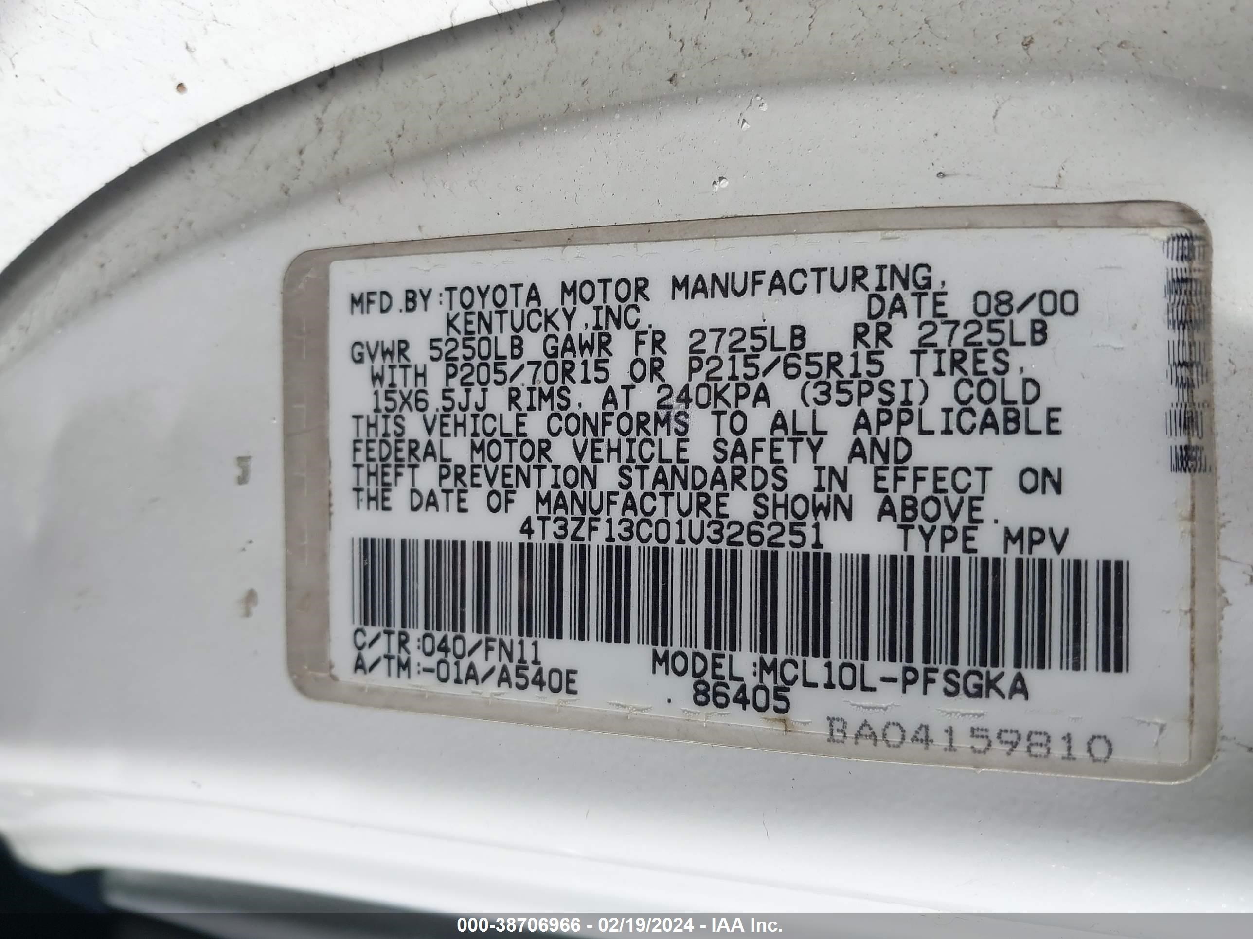 Photo 8 VIN: 4T3ZF13C01U326251 - TOYOTA SIENNA 