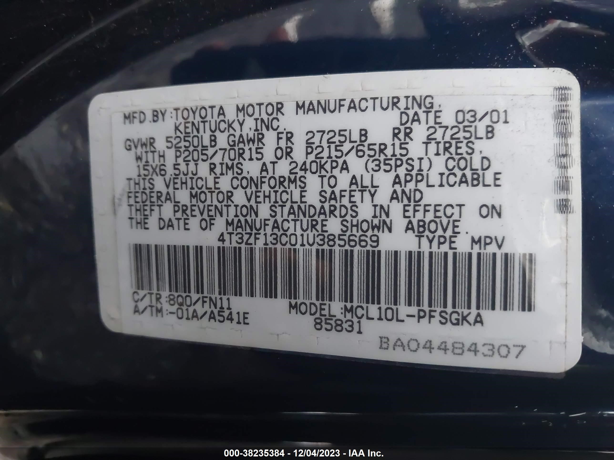 Photo 8 VIN: 4T3ZF13C01U385669 - TOYOTA SIENNA 