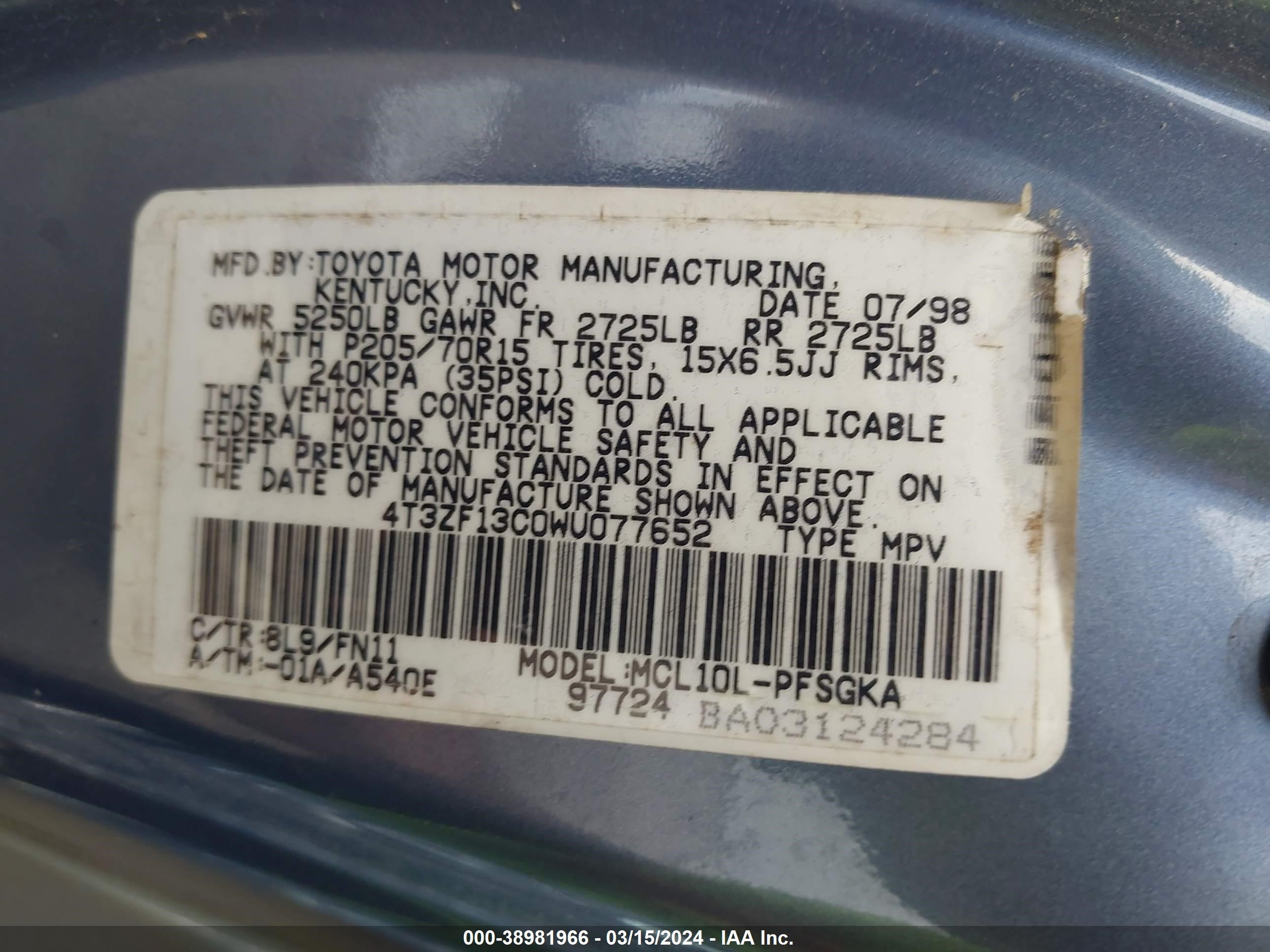 Photo 8 VIN: 4T3ZF13C0WU077652 - TOYOTA SIENNA 