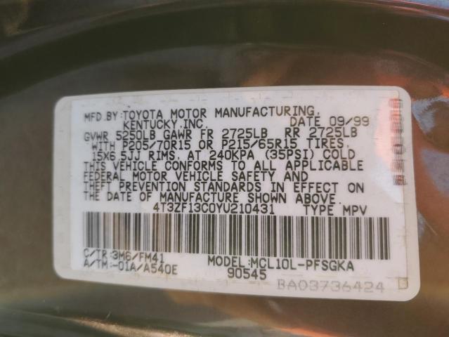 Photo 12 VIN: 4T3ZF13C0YU210431 - TOYOTA SIENNA LE 