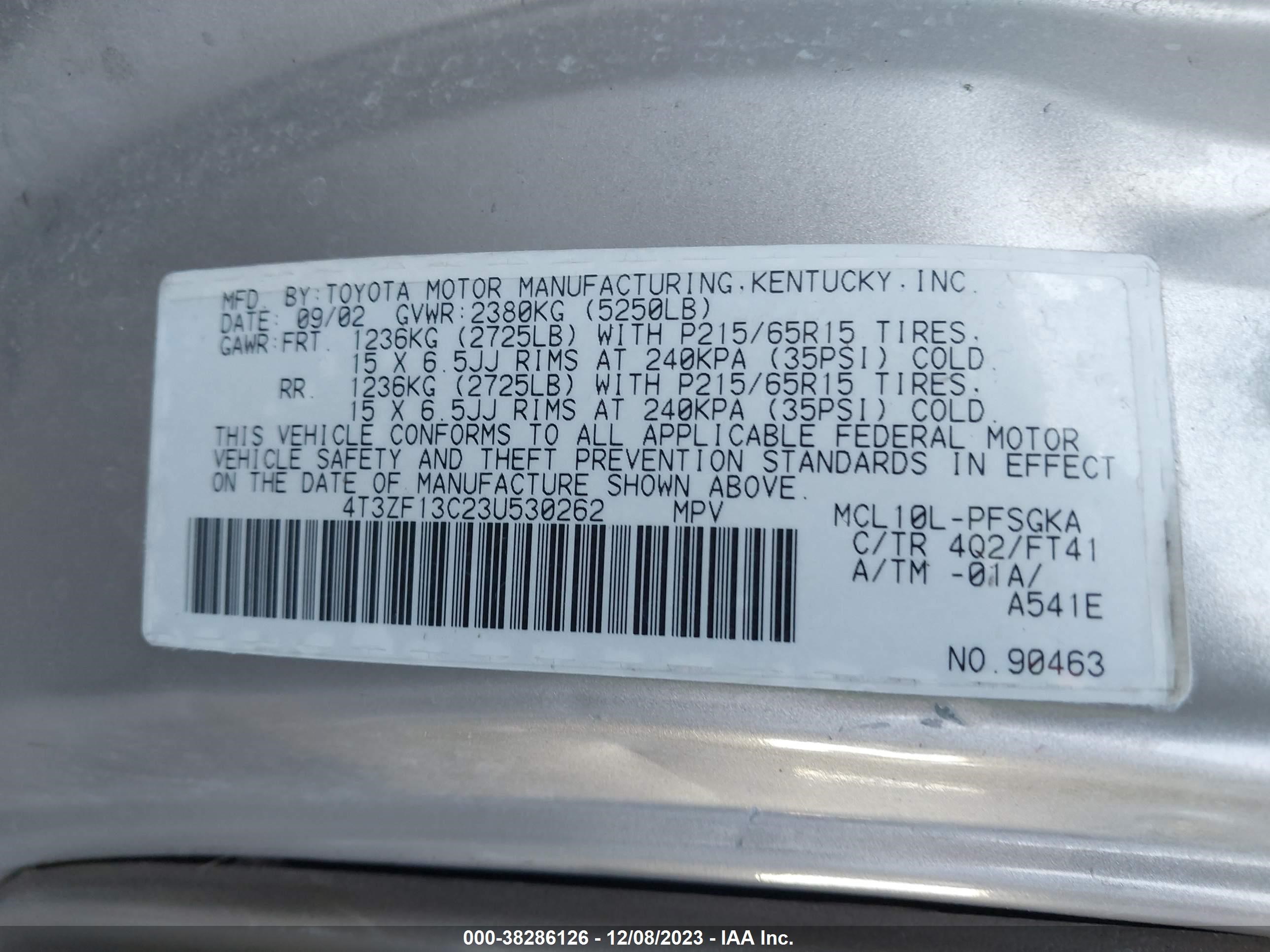 Photo 9 VIN: 4T3ZF13C23U530262 - TOYOTA SIENNA 