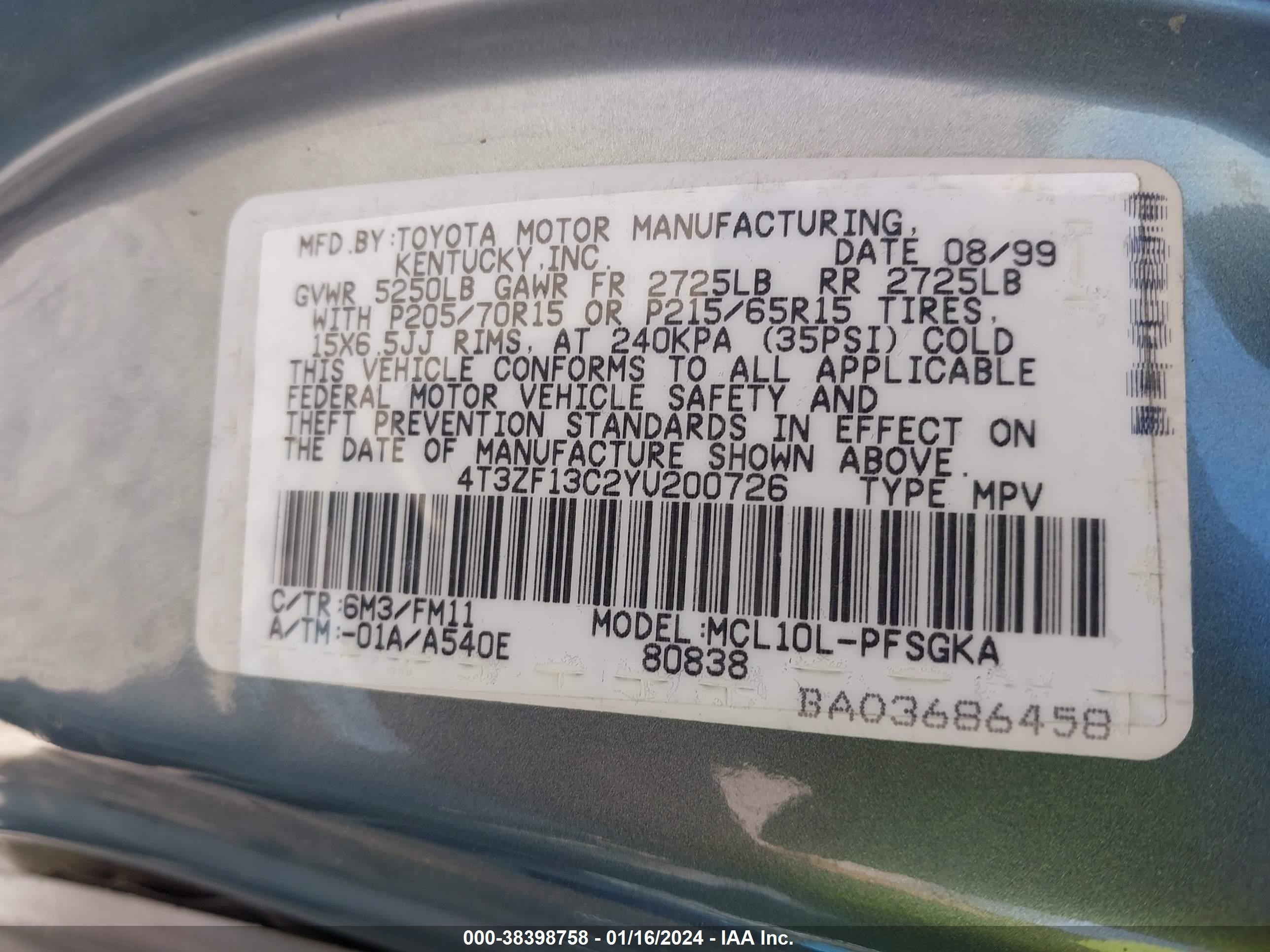 Photo 8 VIN: 4T3ZF13C2YU200726 - TOYOTA SIENNA 