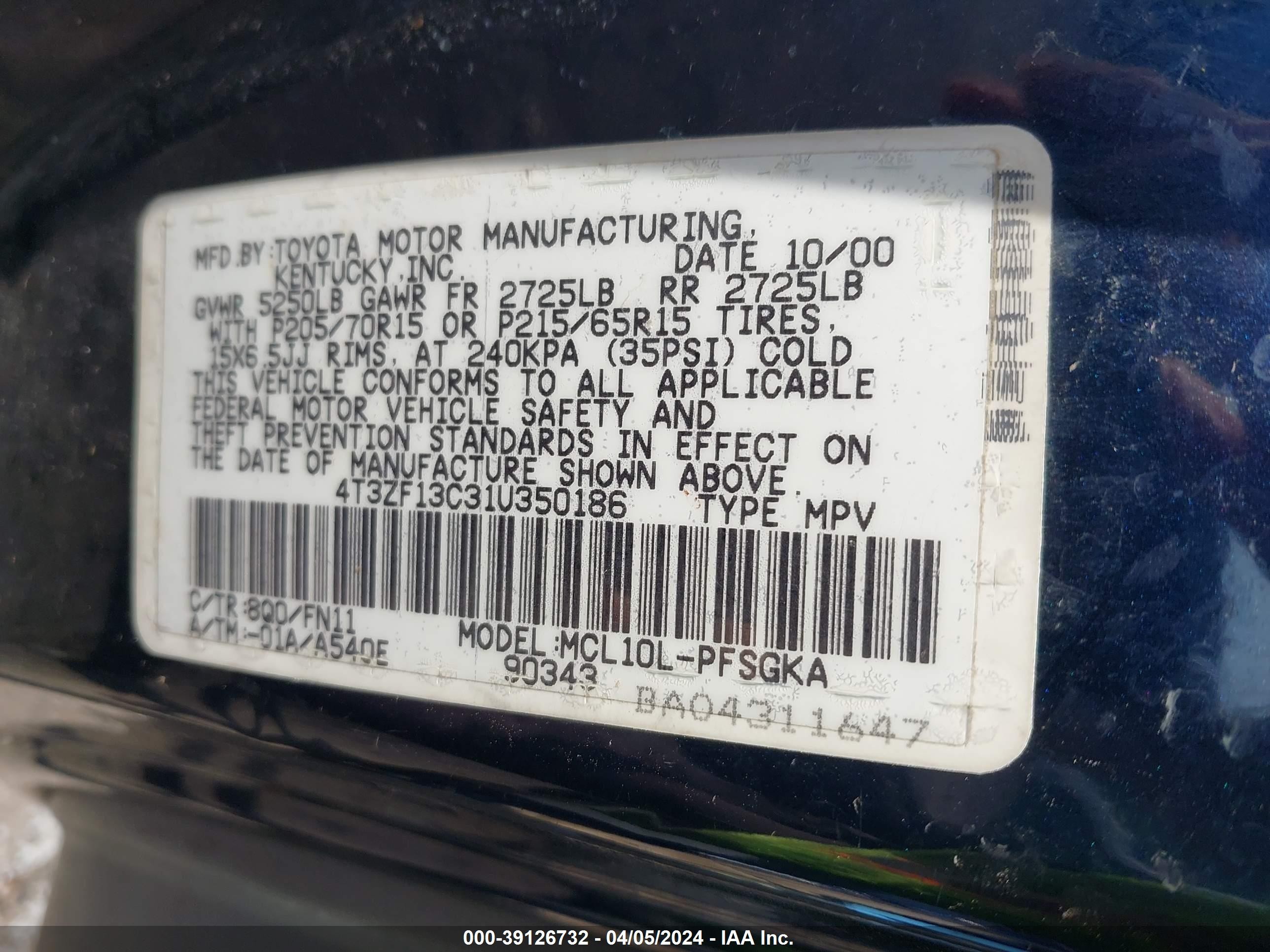 Photo 8 VIN: 4T3ZF13C31U350186 - TOYOTA SIENNA 