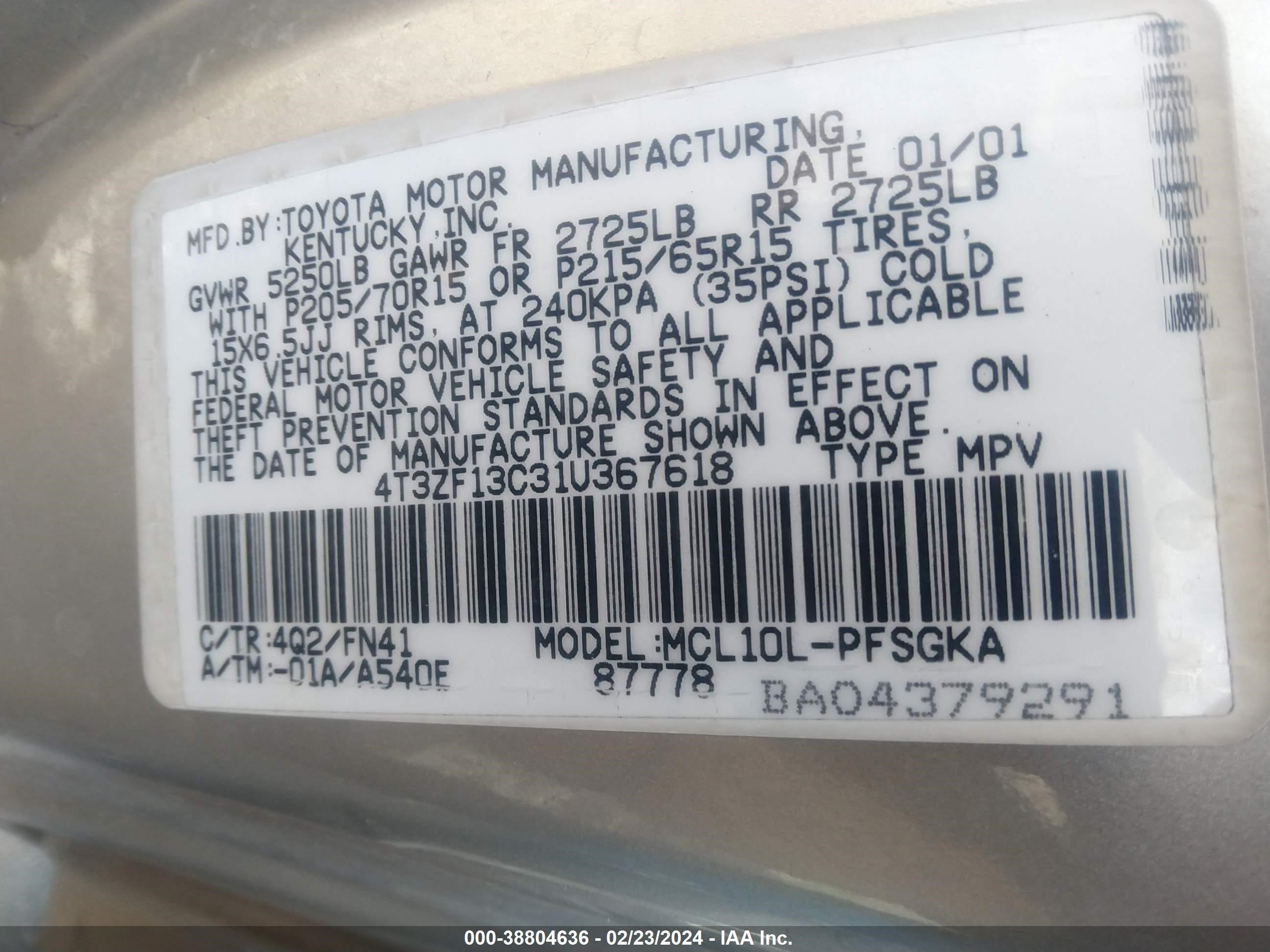 Photo 8 VIN: 4T3ZF13C31U367618 - TOYOTA SIENNA 