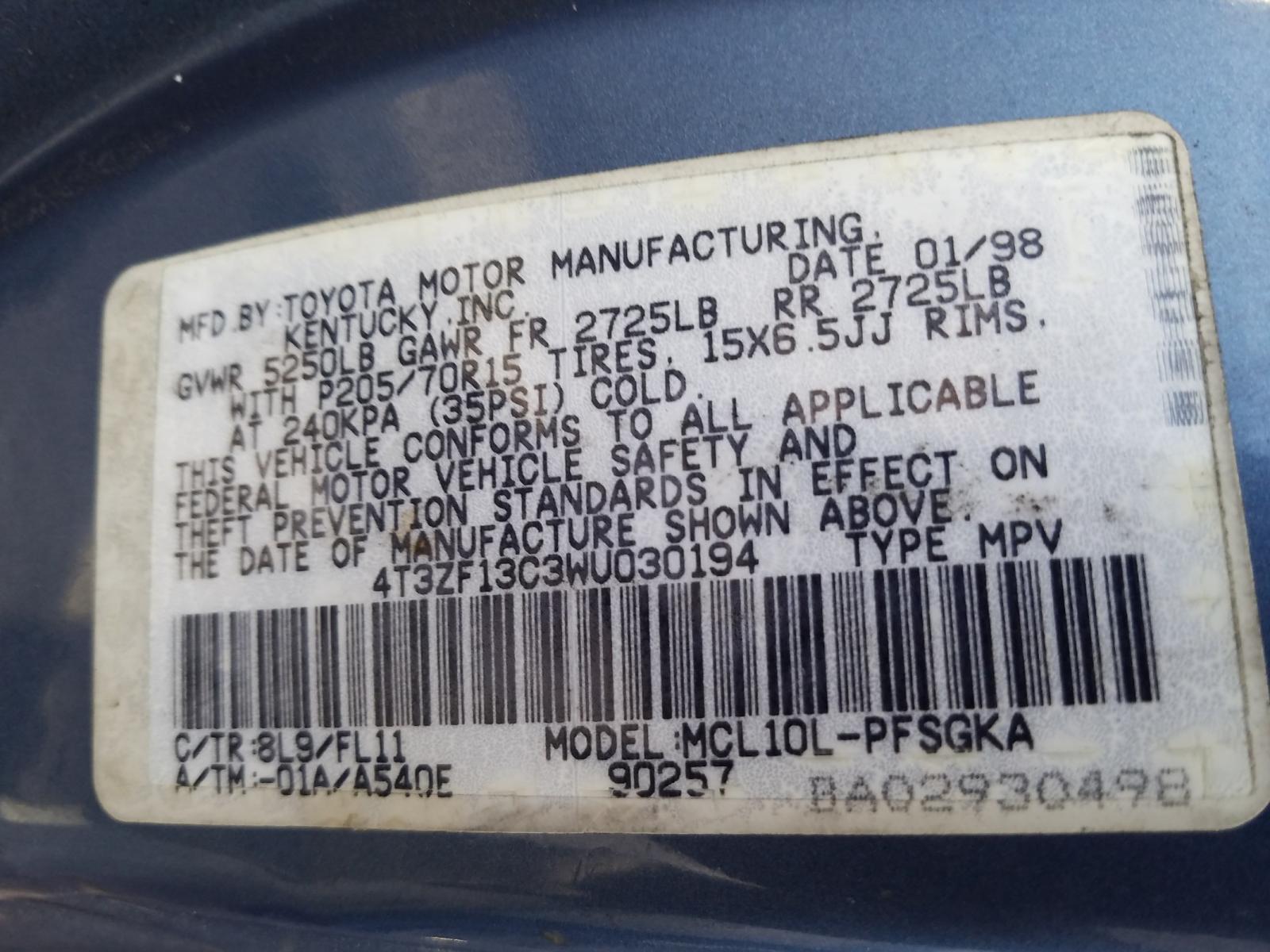 Photo 9 VIN: 4T3ZF13C3WU030194 - TOYOTA SIENNA LE 