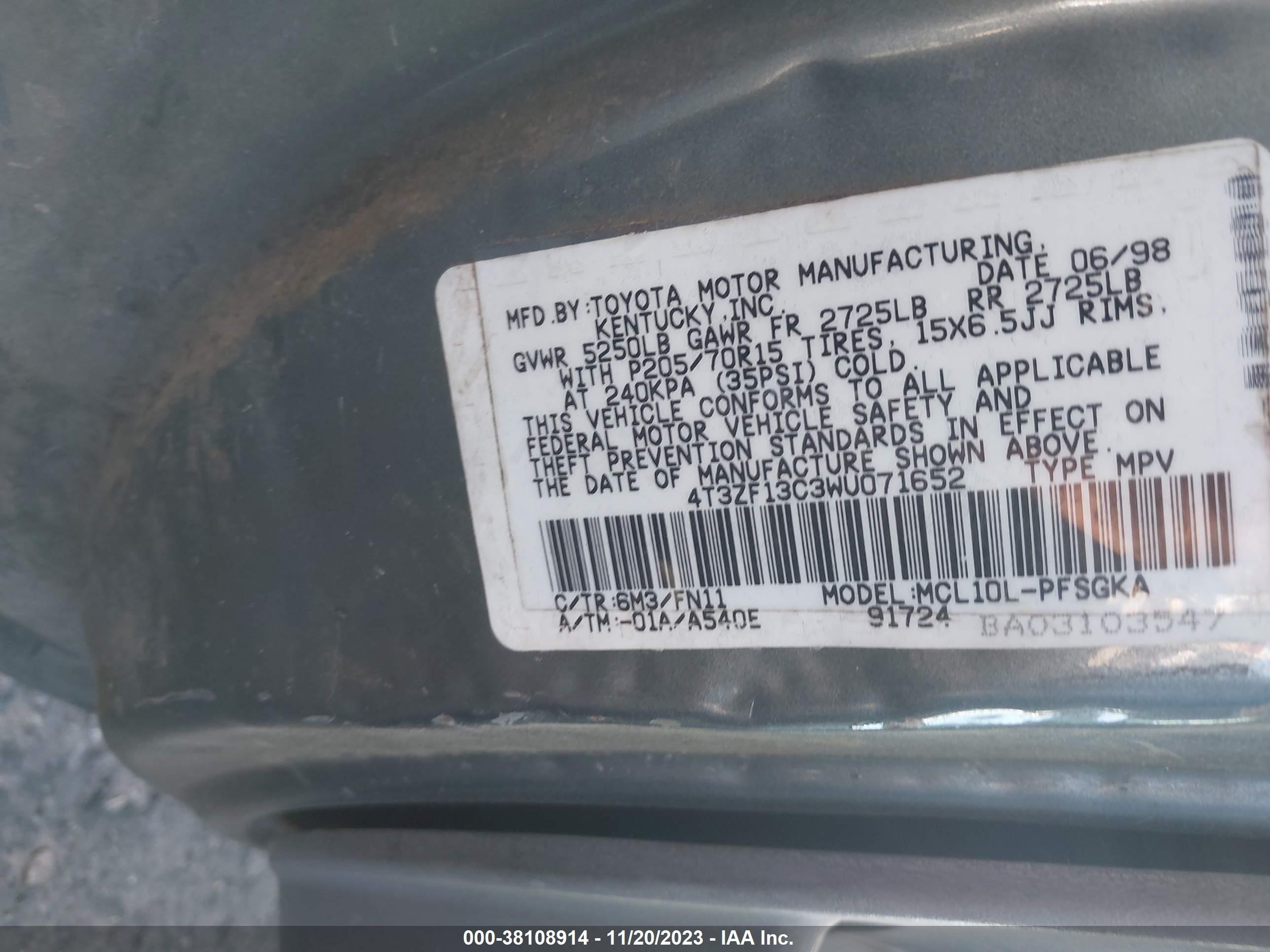 Photo 8 VIN: 4T3ZF13C3WU071652 - TOYOTA SIENNA 