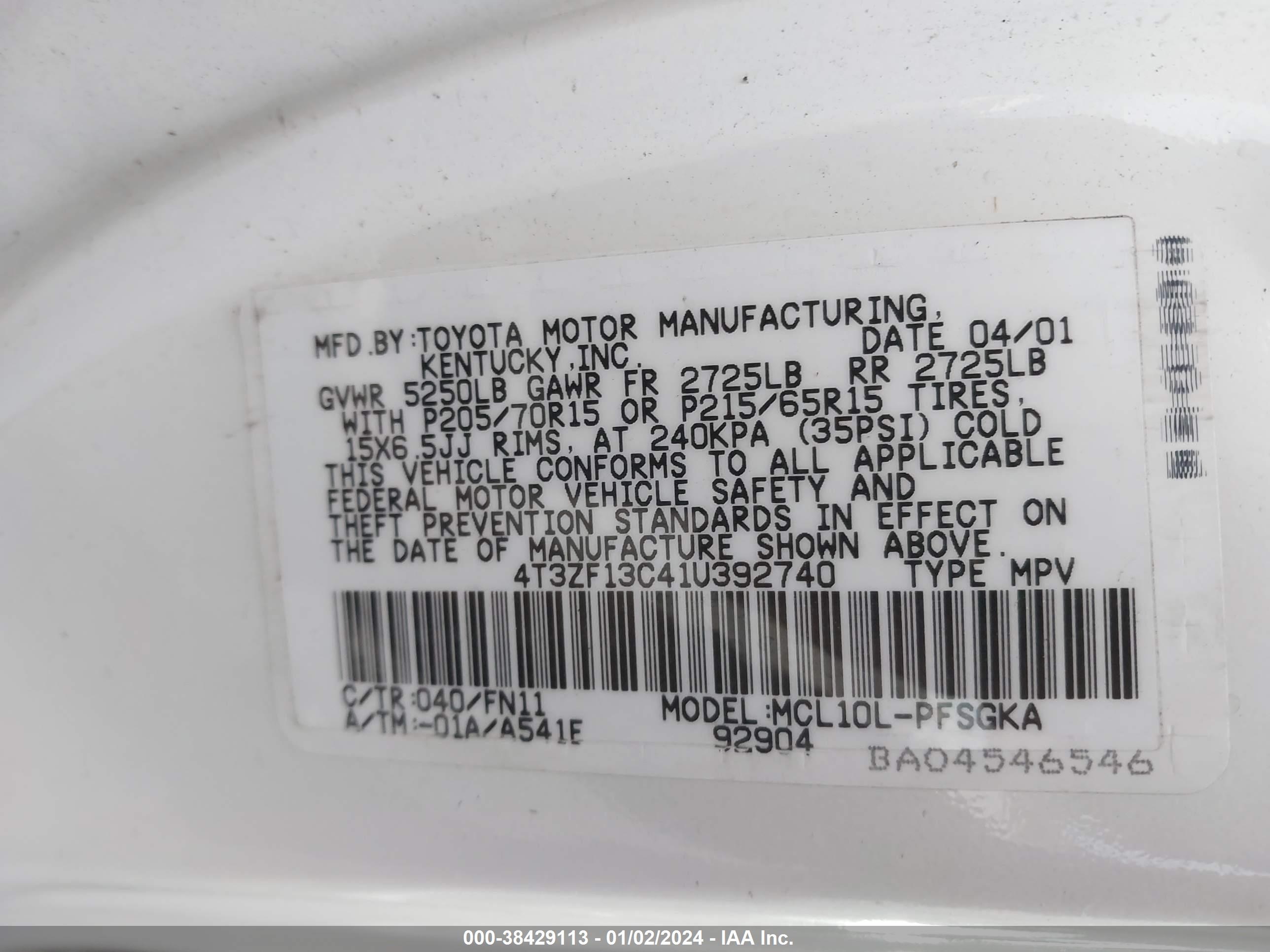 Photo 8 VIN: 4T3ZF13C41U392740 - TOYOTA SIENNA 