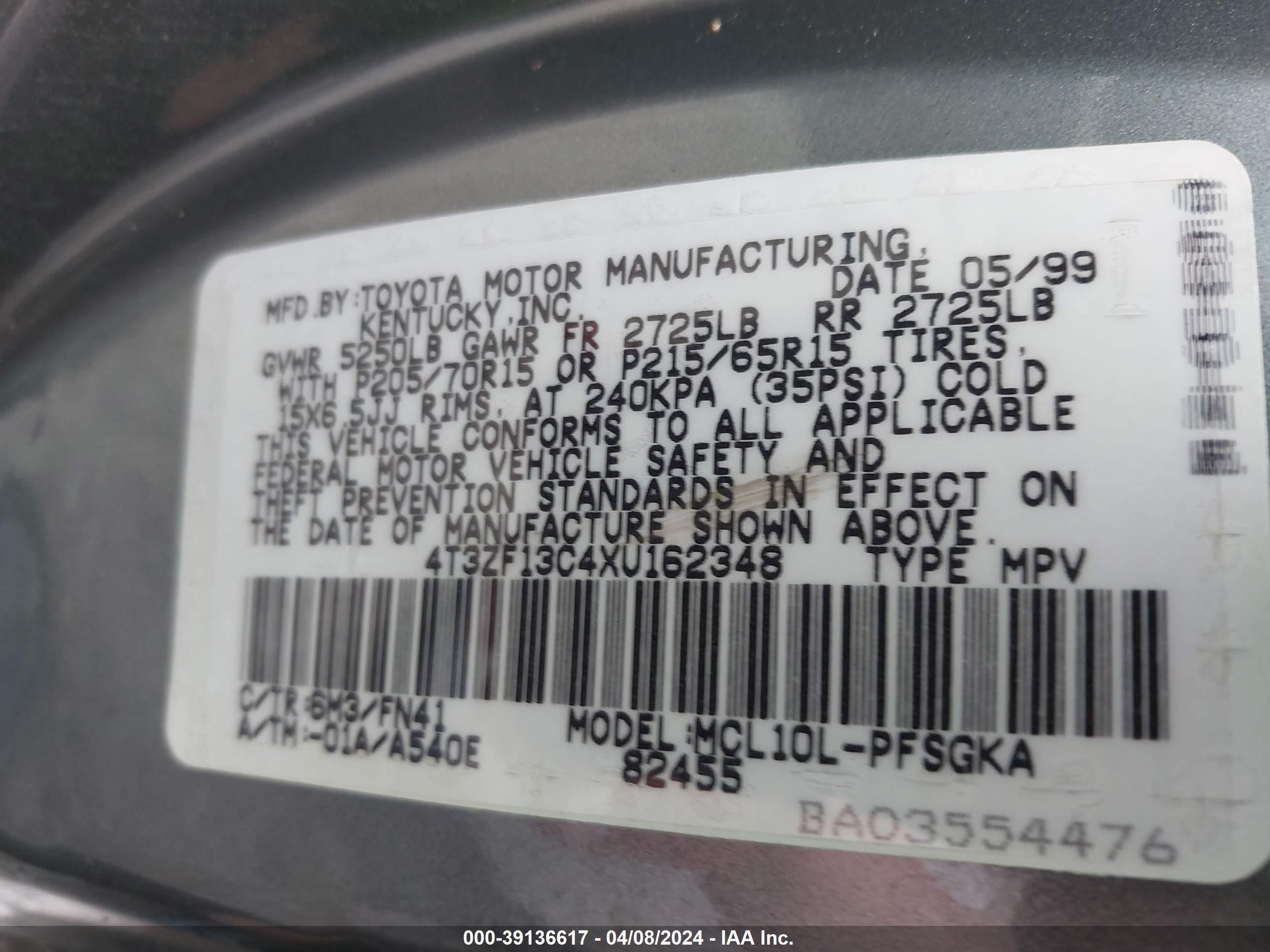 Photo 8 VIN: 4T3ZF13C4XU162348 - TOYOTA SIENNA 