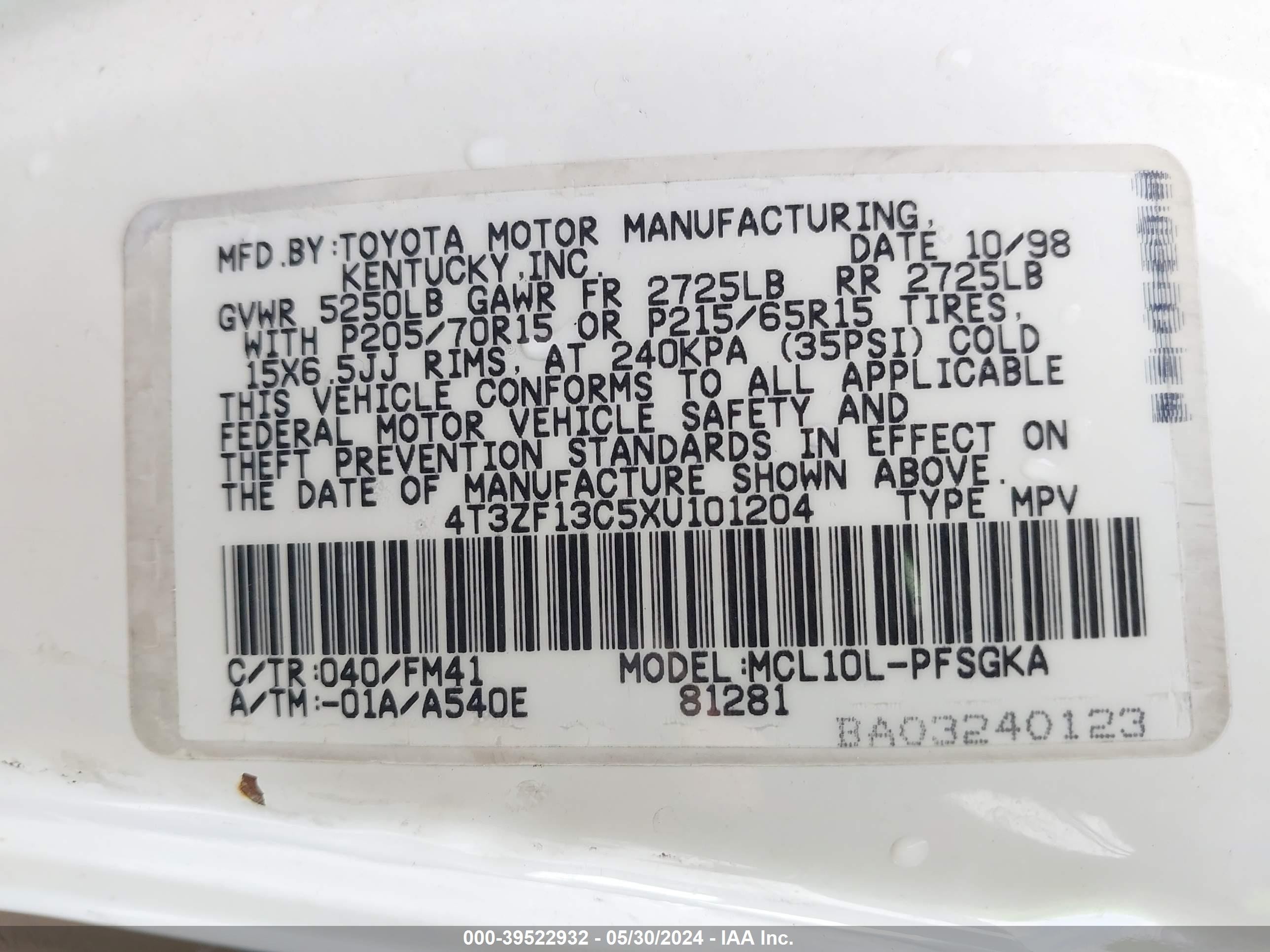 Photo 8 VIN: 4T3ZF13C5XU101204 - TOYOTA SIENNA 