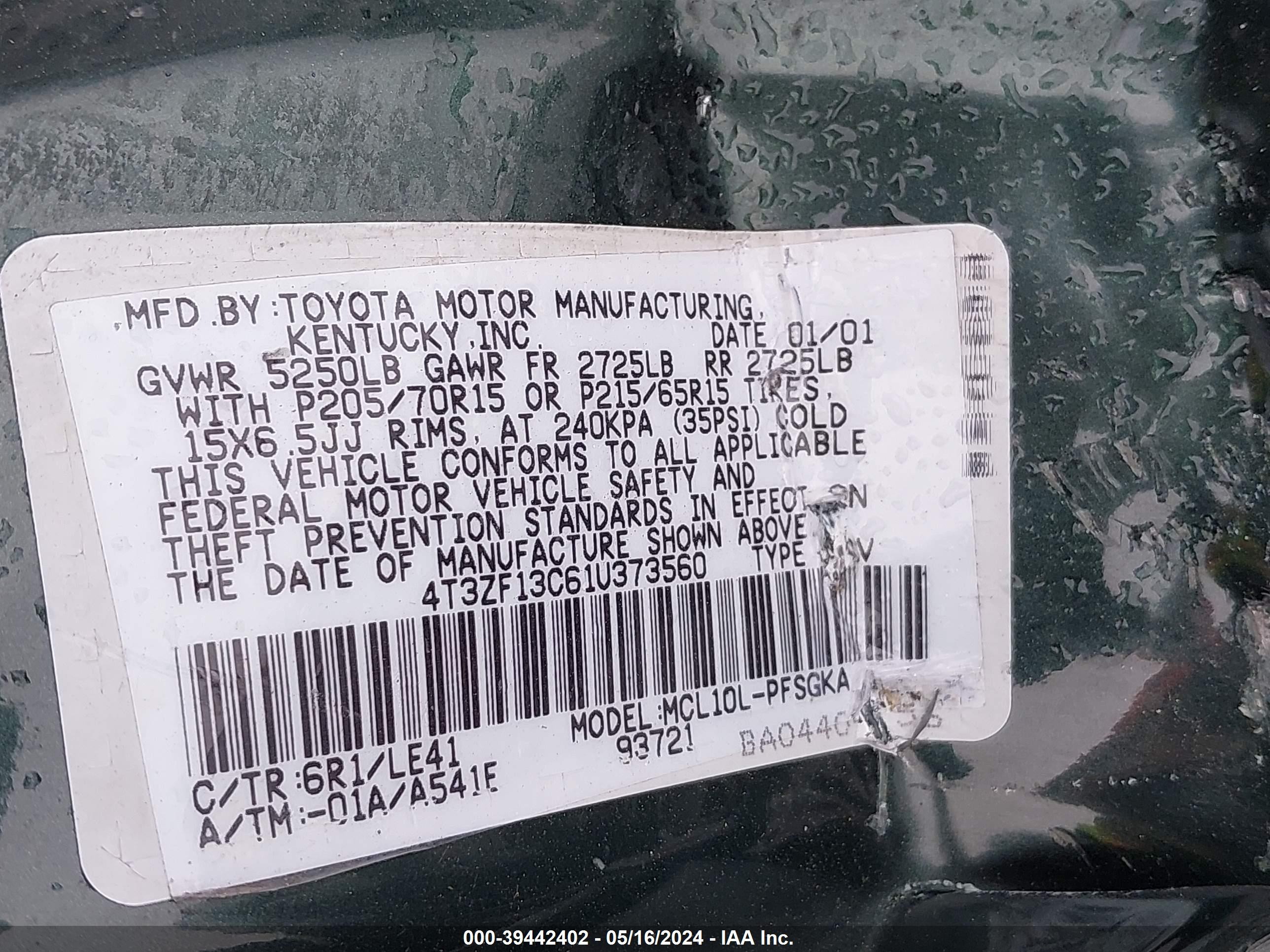 Photo 8 VIN: 4T3ZF13C61U373560 - TOYOTA SIENNA 