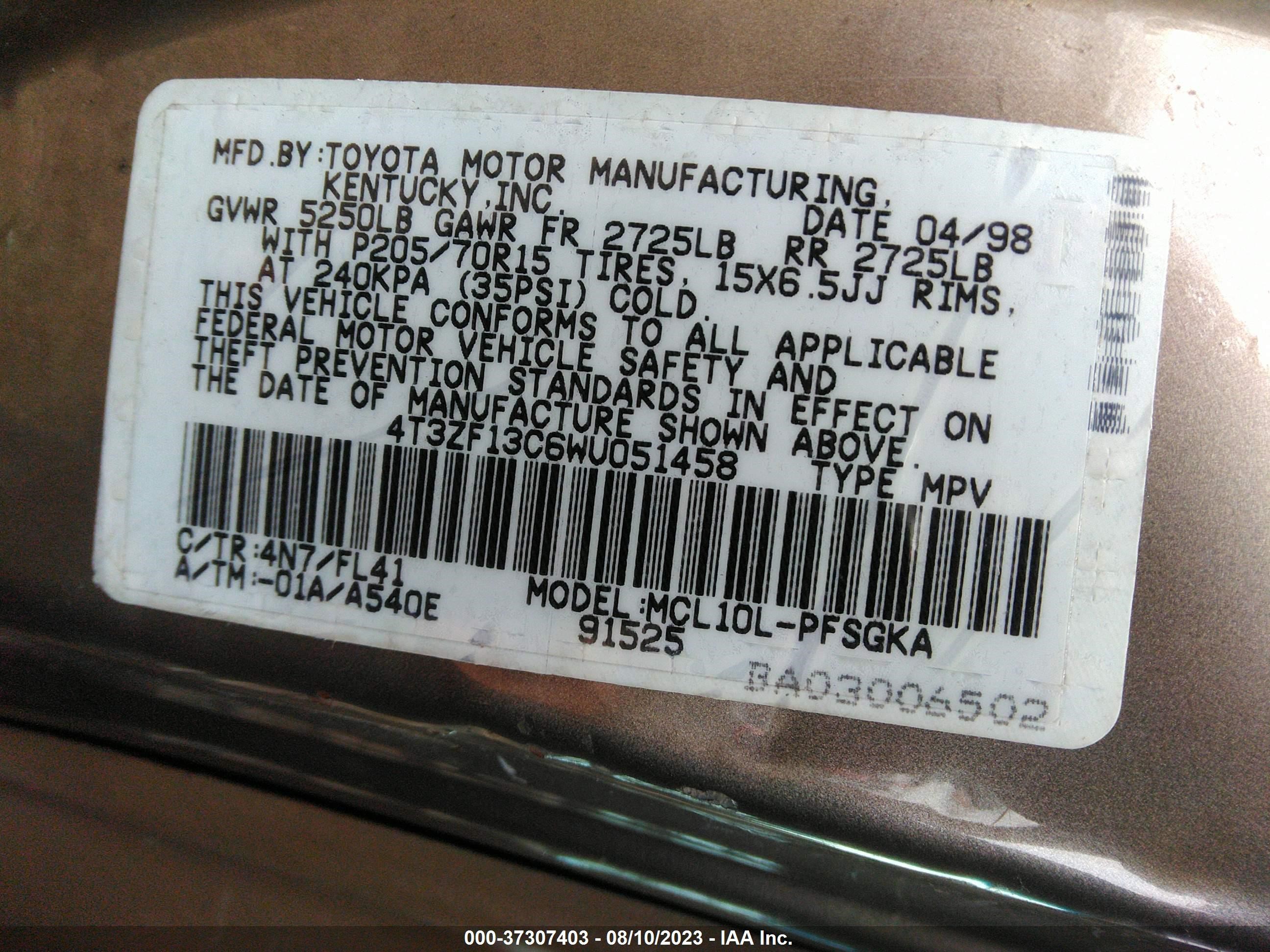 Photo 8 VIN: 4T3ZF13C6WU051458 - TOYOTA SIENNA 