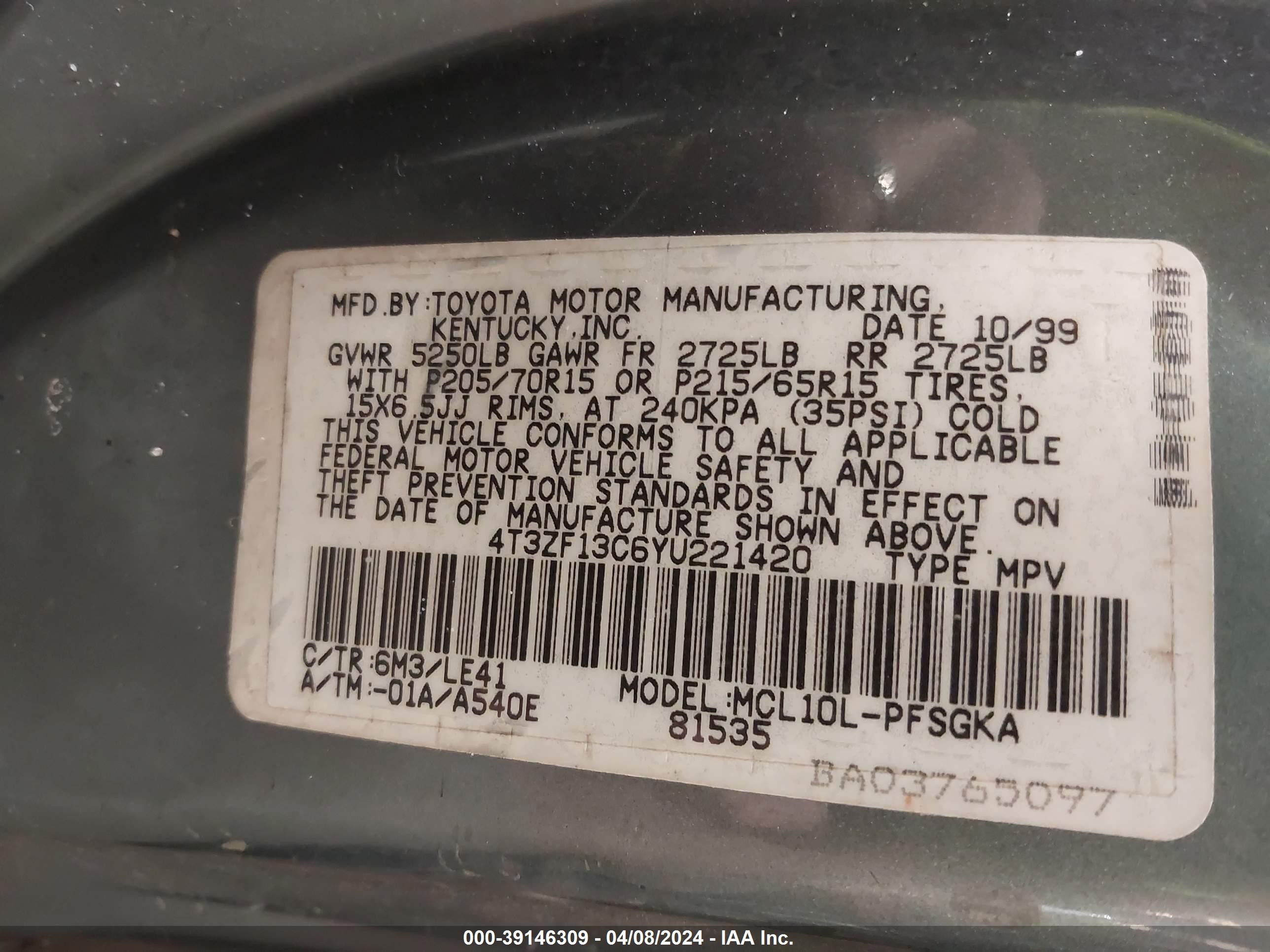 Photo 8 VIN: 4T3ZF13C6YU221420 - TOYOTA SIENNA 