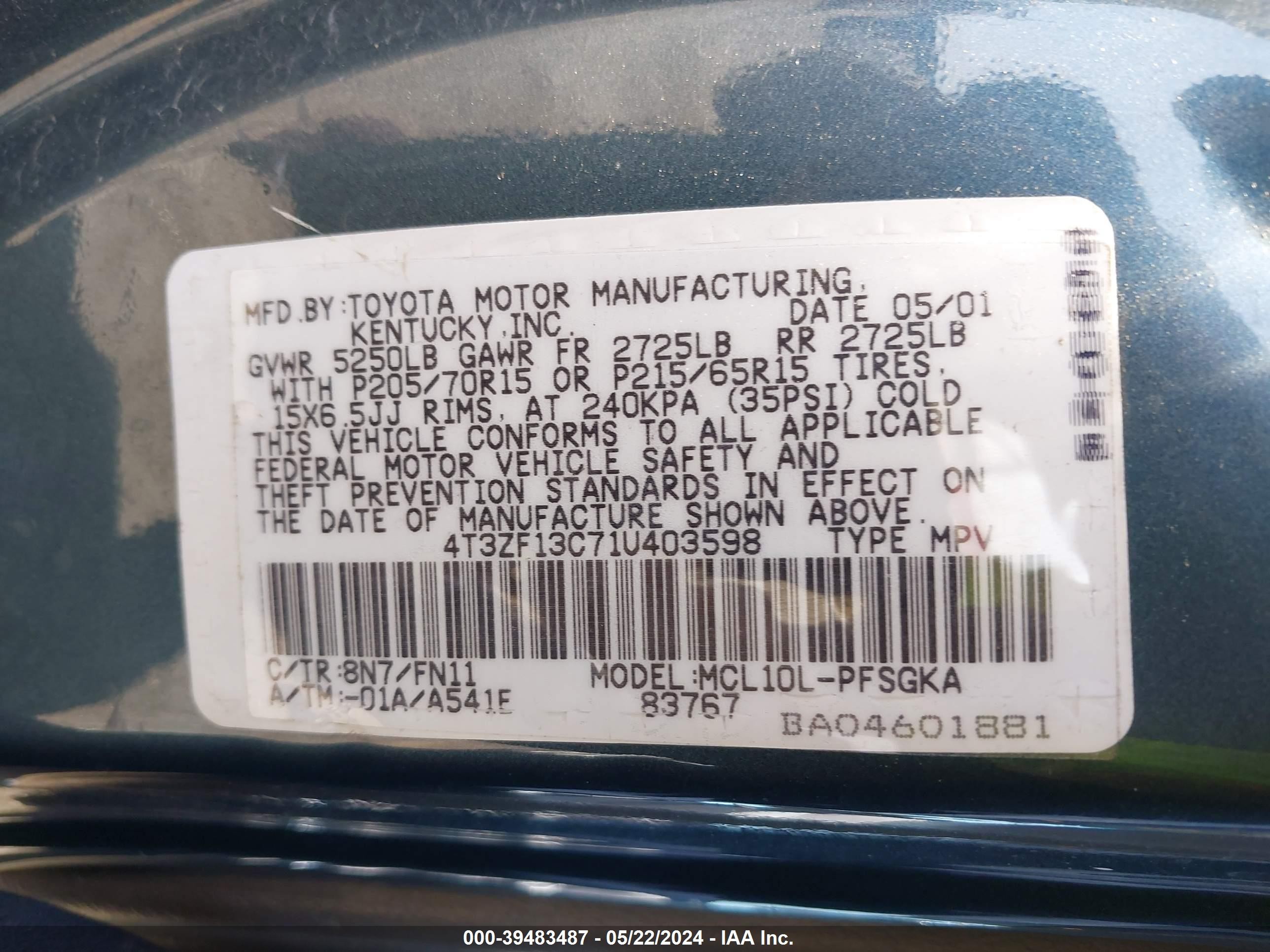 Photo 8 VIN: 4T3ZF13C71U403598 - TOYOTA SIENNA 