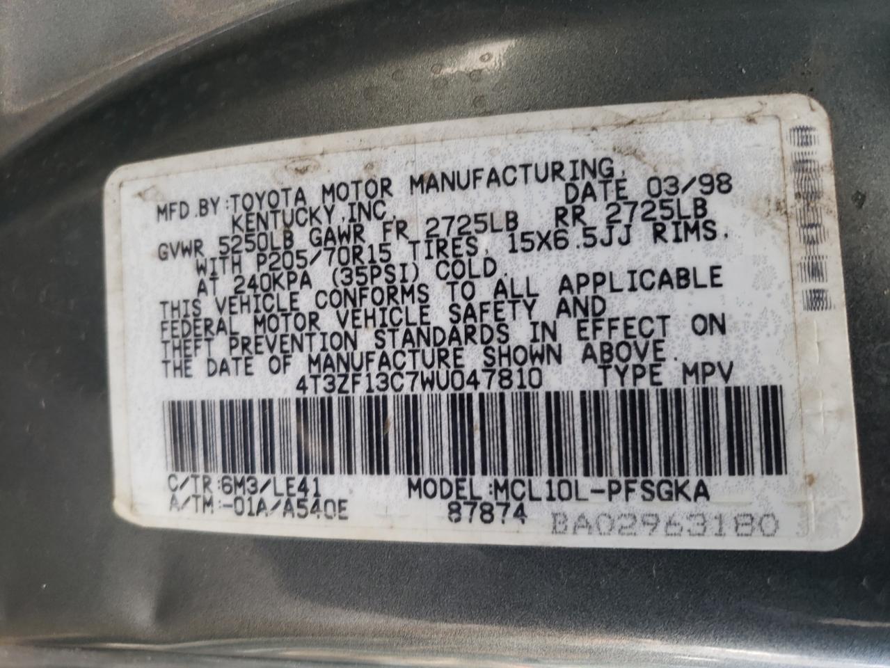 Photo 11 VIN: 4T3ZF13C7WU047810 - TOYOTA SIENNA 