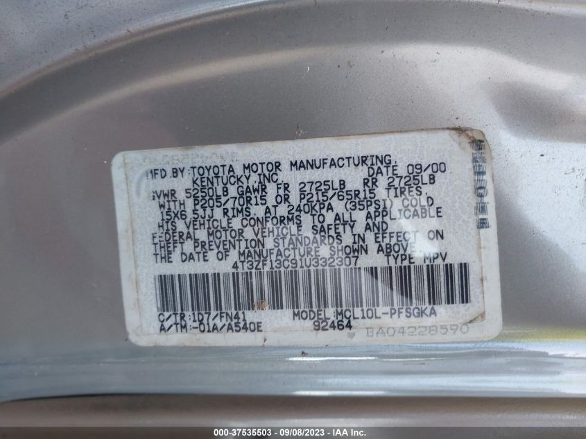 Photo 8 VIN: 4T3ZF13C91U332307 - TOYOTA SIENNA 