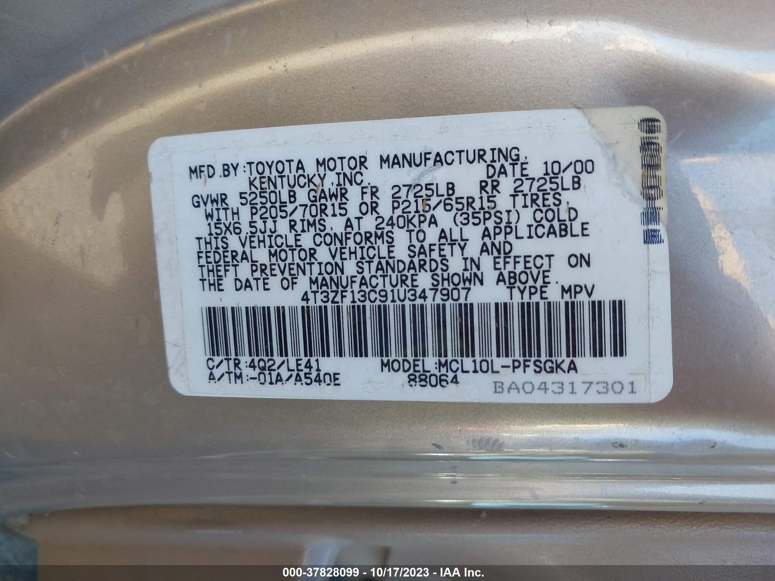 Photo 8 VIN: 4T3ZF13C91U347907 - TOYOTA SIENNA 