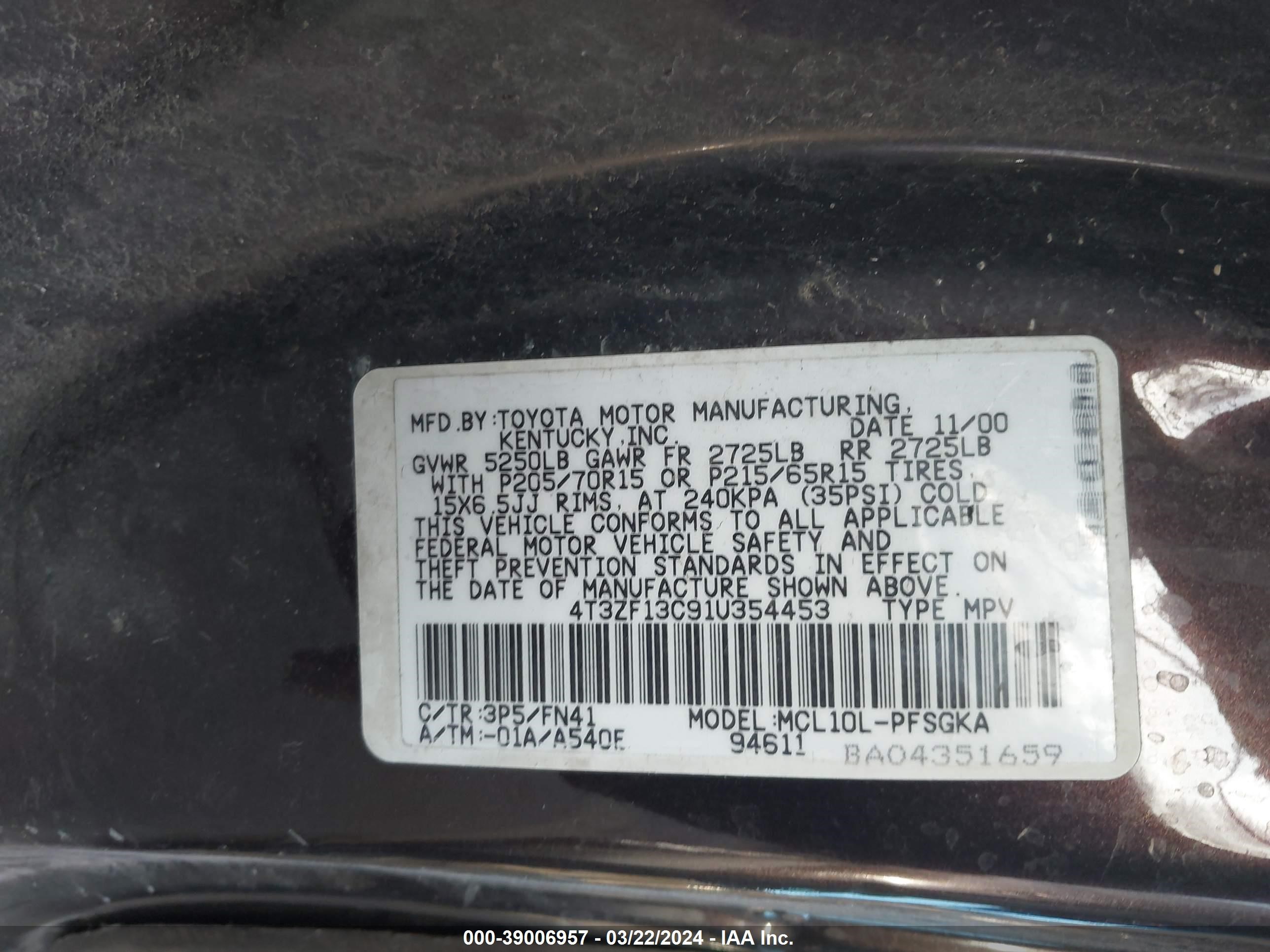 Photo 8 VIN: 4T3ZF13C91U354453 - TOYOTA SIENNA 