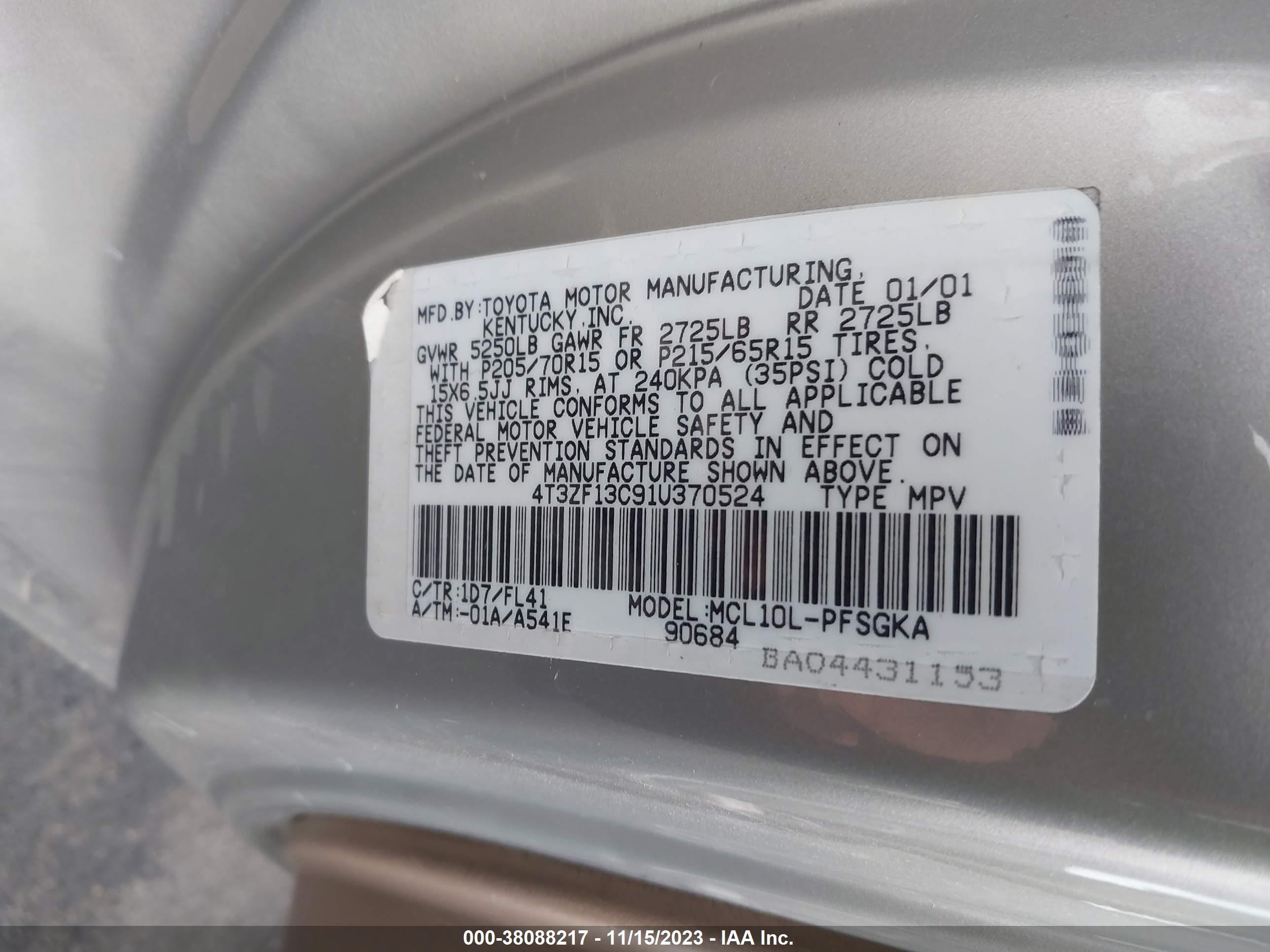 Photo 8 VIN: 4T3ZF13C91U370524 - TOYOTA SIENNA 