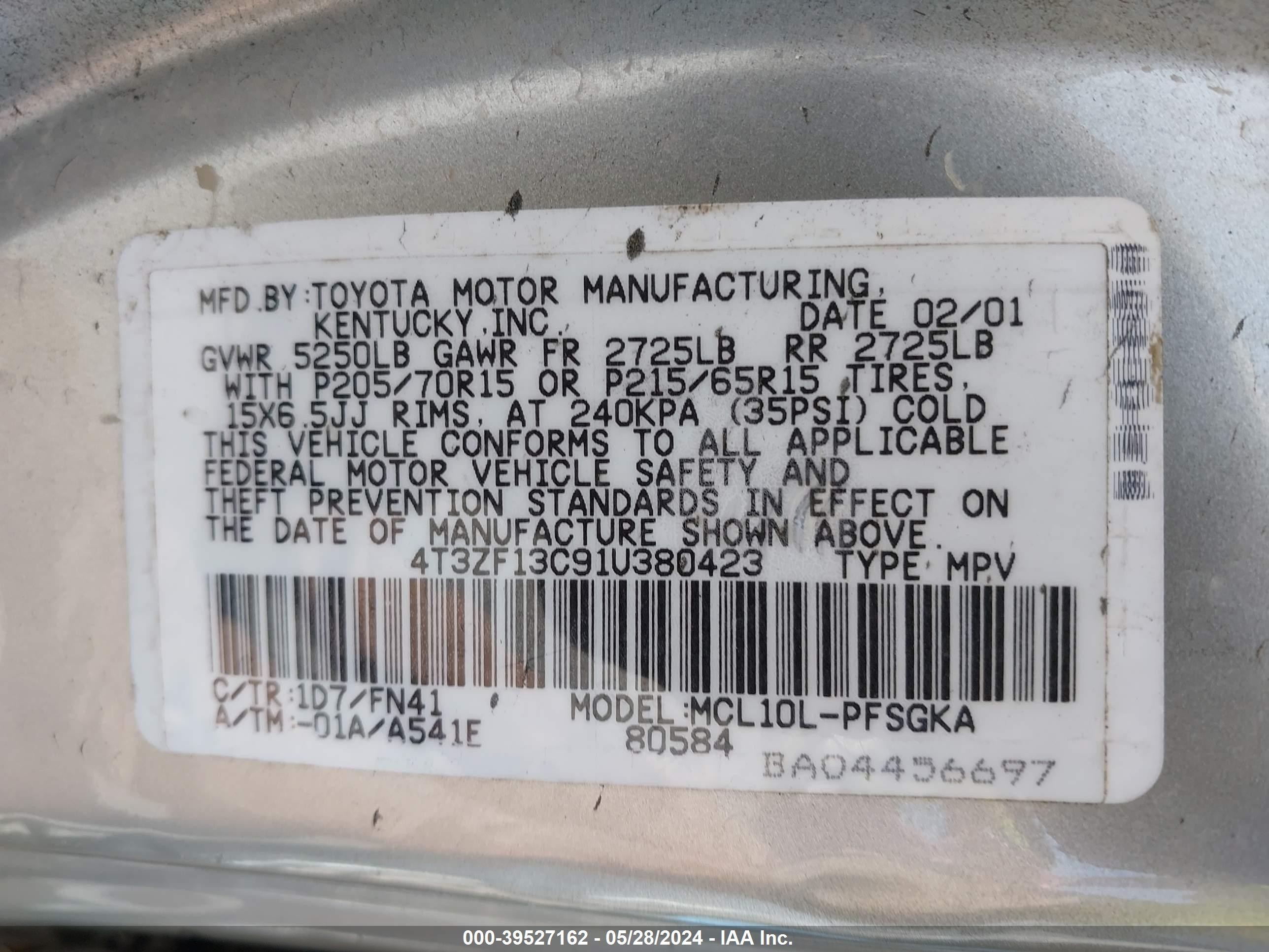 Photo 8 VIN: 4T3ZF13C91U380423 - TOYOTA SIENNA 