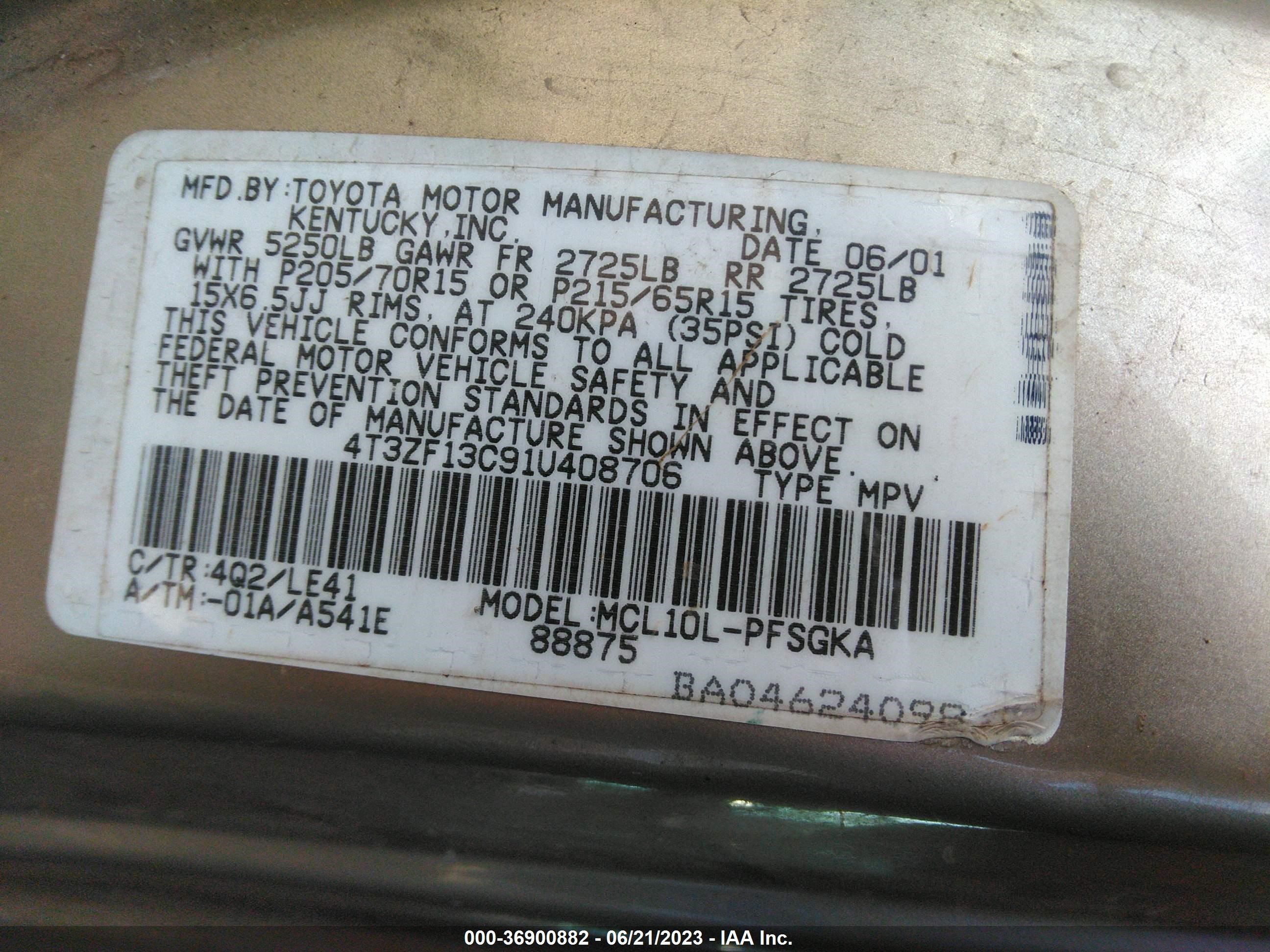 Photo 8 VIN: 4T3ZF13C91U408706 - TOYOTA SIENNA 