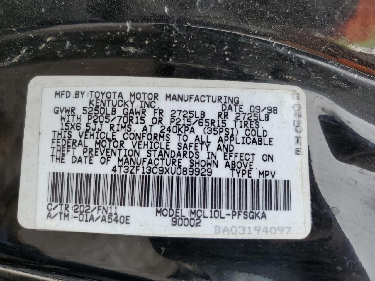 Photo 12 VIN: 4T3ZF13C9XU089929 - TOYOTA SIENNA 