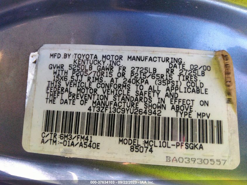 Photo 8 VIN: 4T3ZF13C9YU264942 - TOYOTA SIENNA 