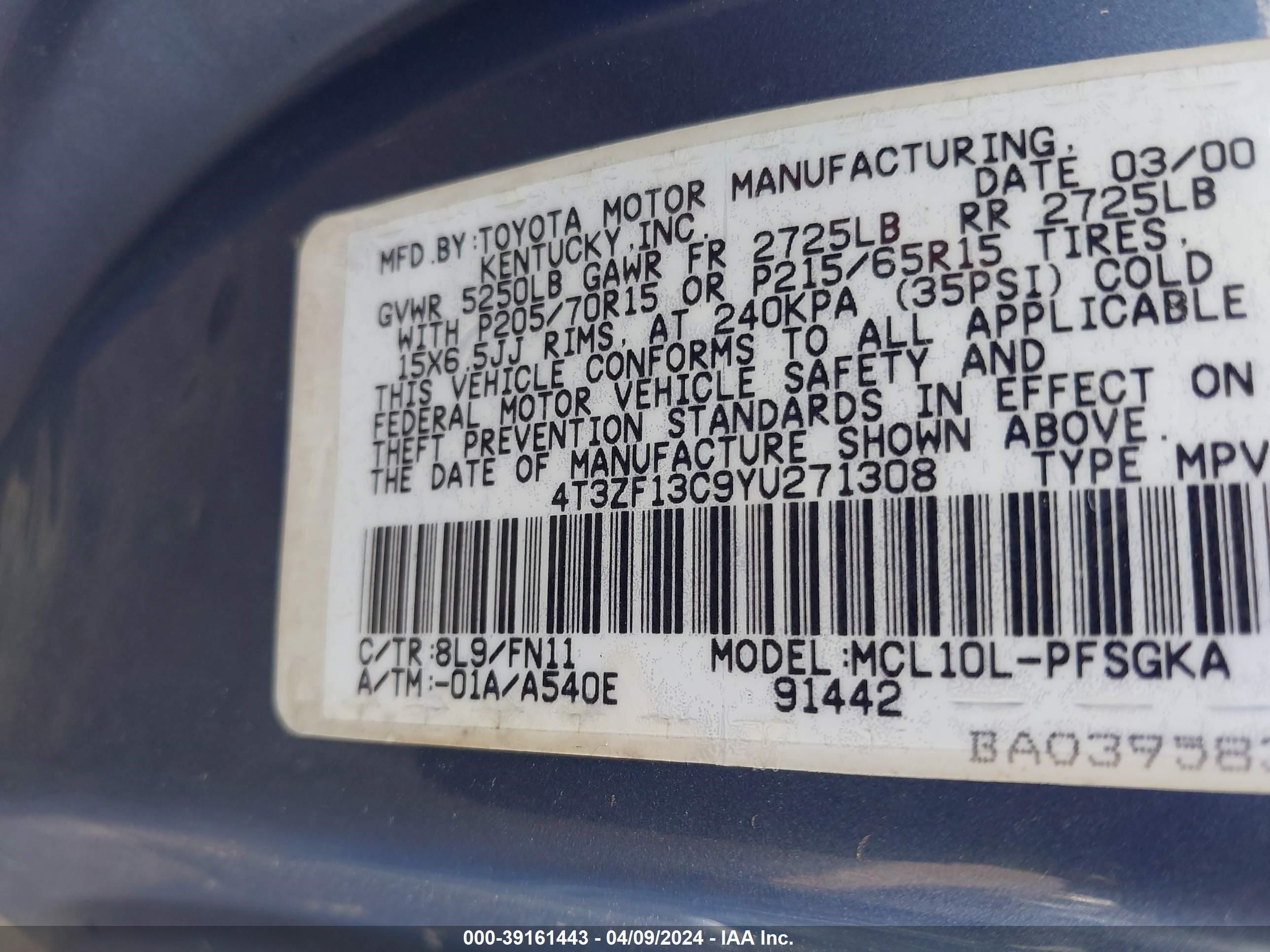 Photo 8 VIN: 4T3ZF13C9YU271308 - TOYOTA SIENNA 