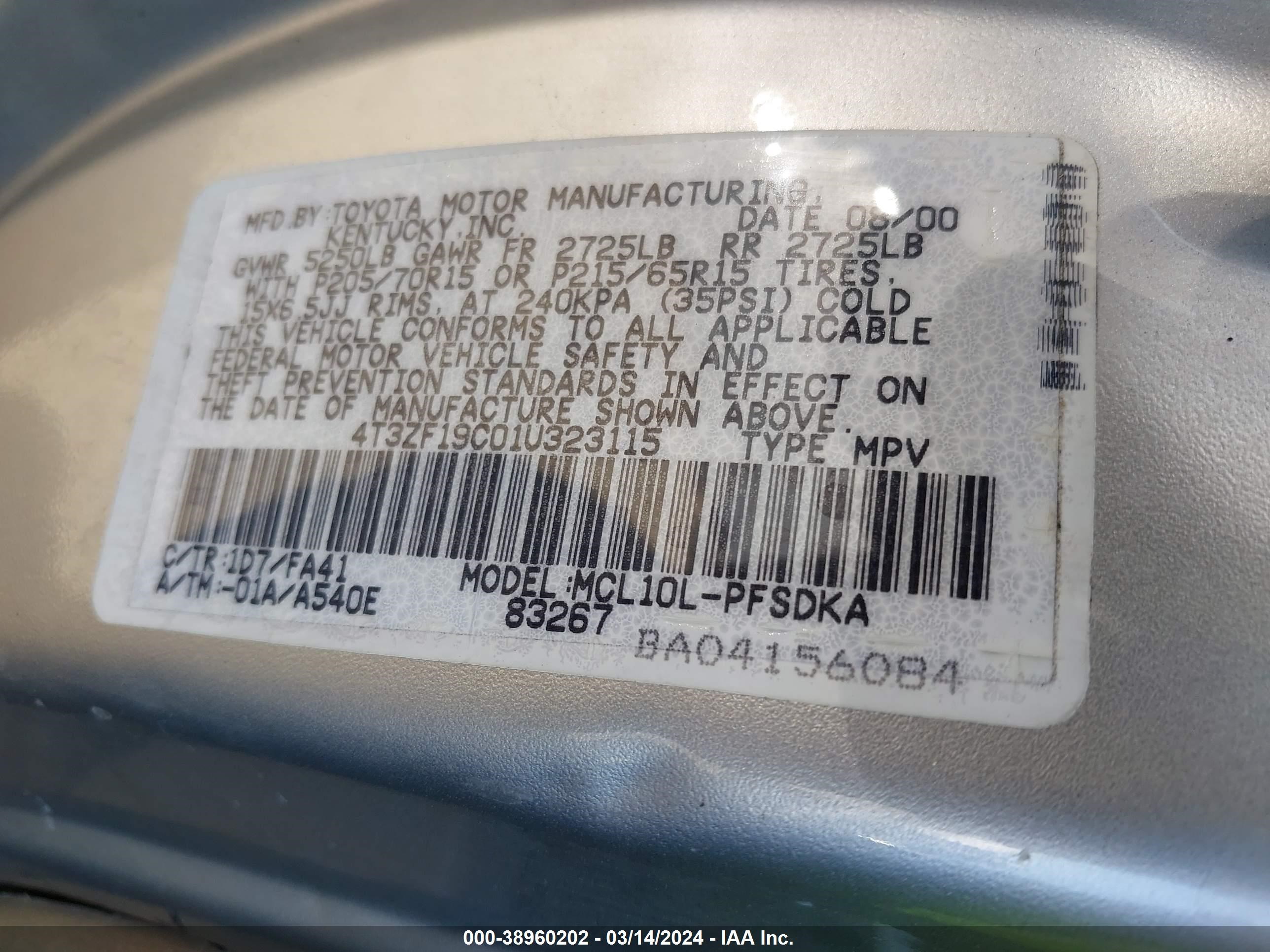 Photo 8 VIN: 4T3ZF19C01U323115 - TOYOTA SIENNA 