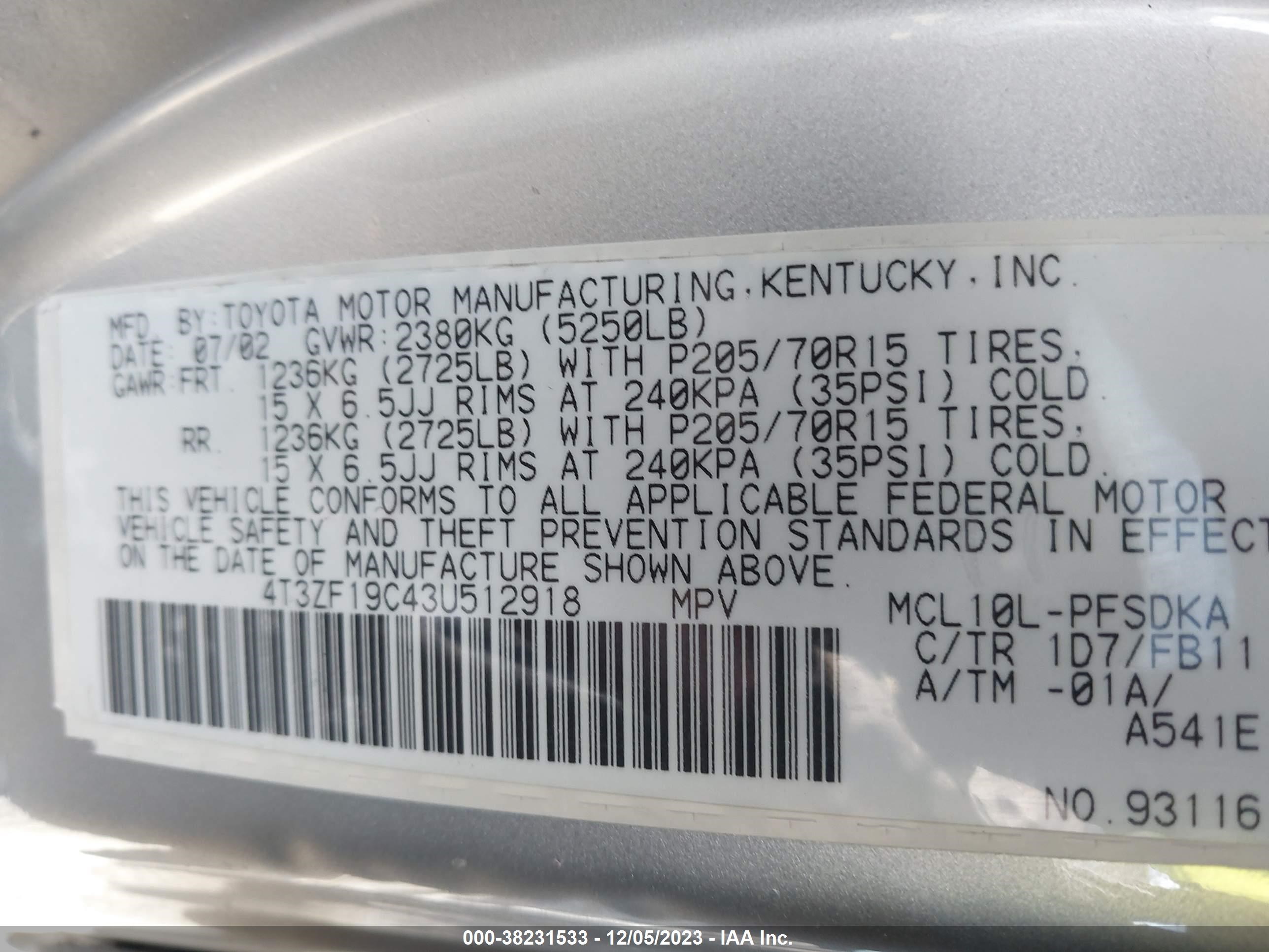 Photo 8 VIN: 4T3ZF19C43U512918 - TOYOTA SIENNA 