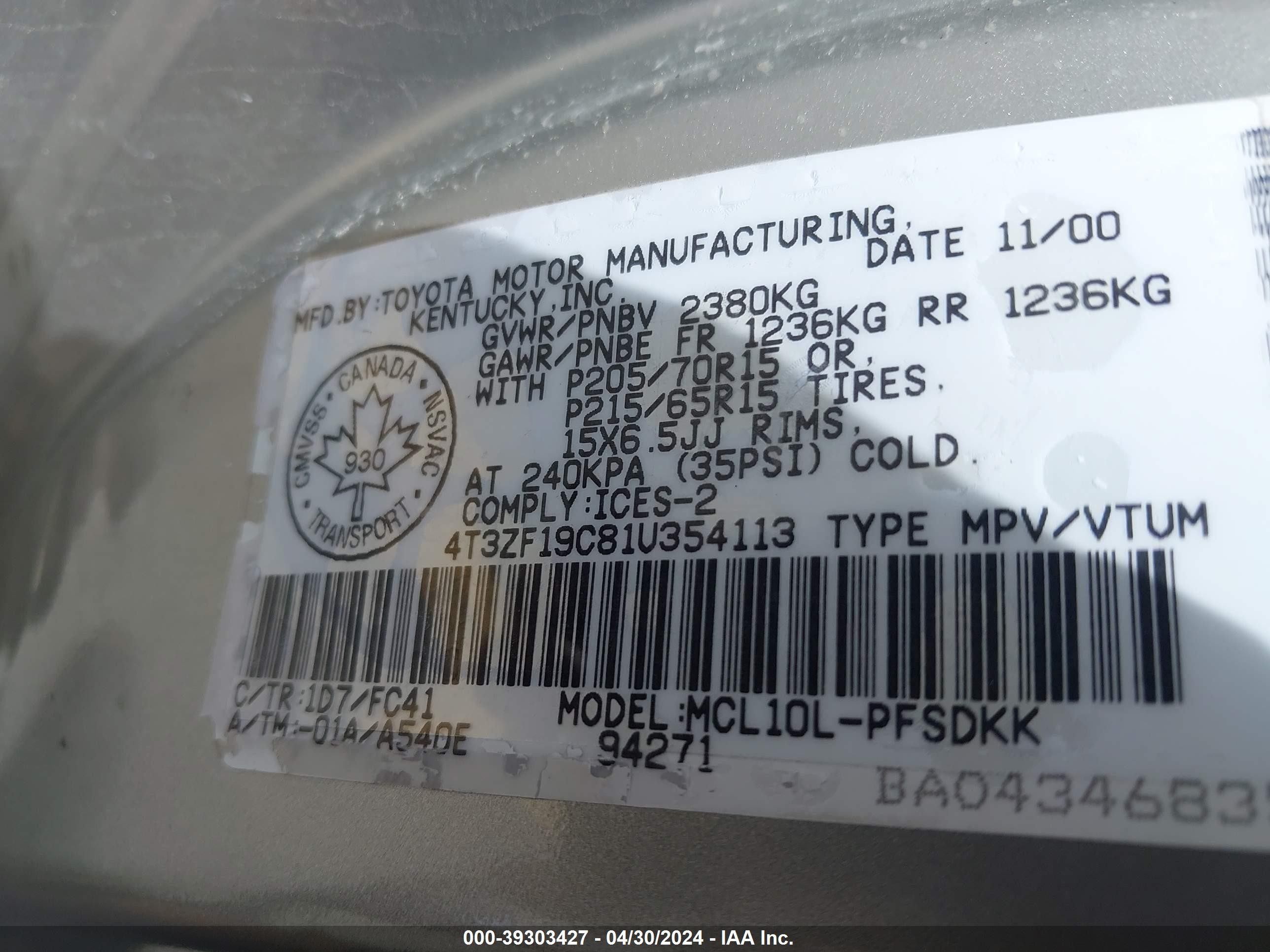 Photo 8 VIN: 4T3ZF19C81U354113 - TOYOTA SIENNA 