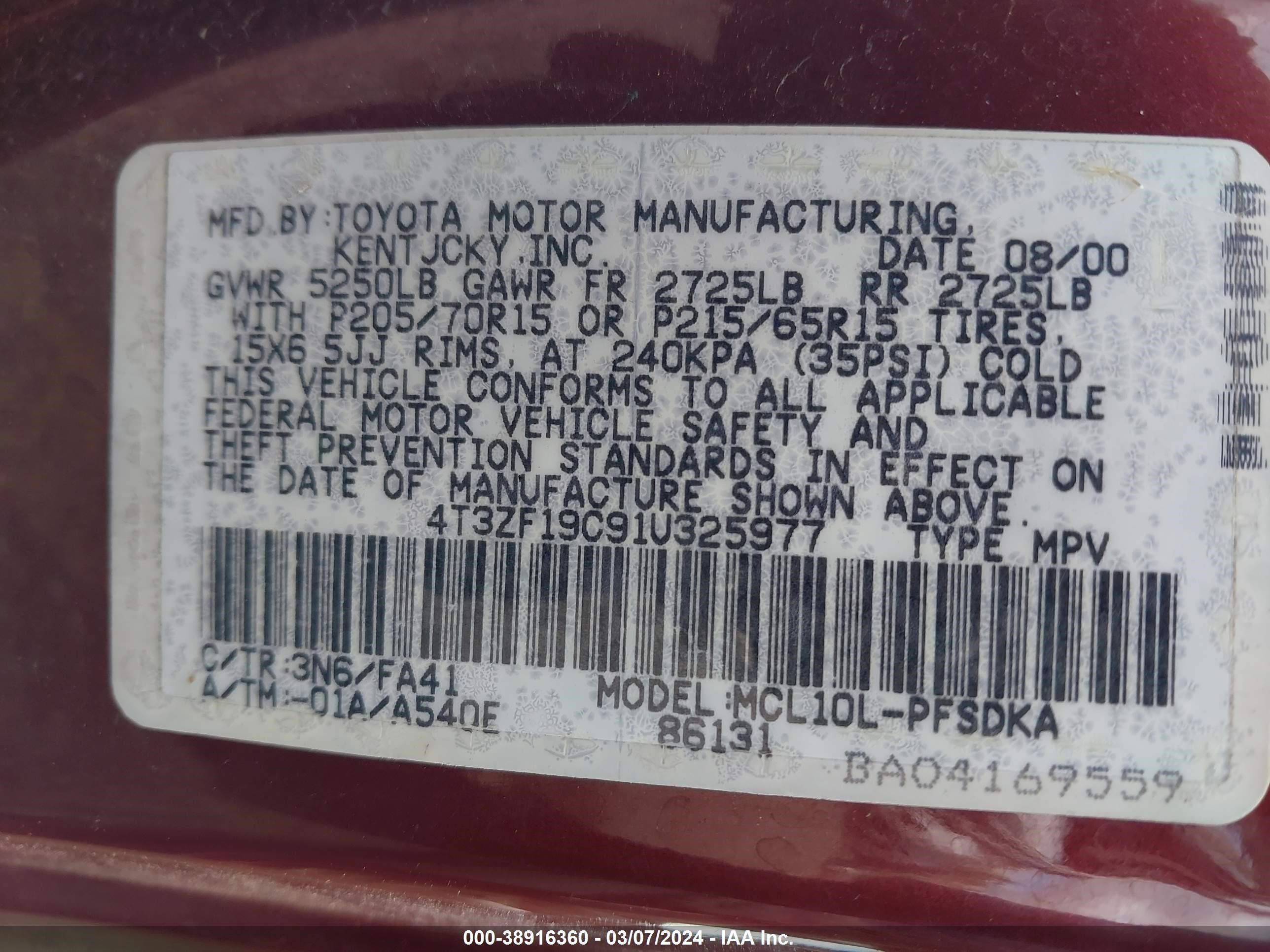 Photo 8 VIN: 4T3ZF19C91U325977 - TOYOTA SIENNA 