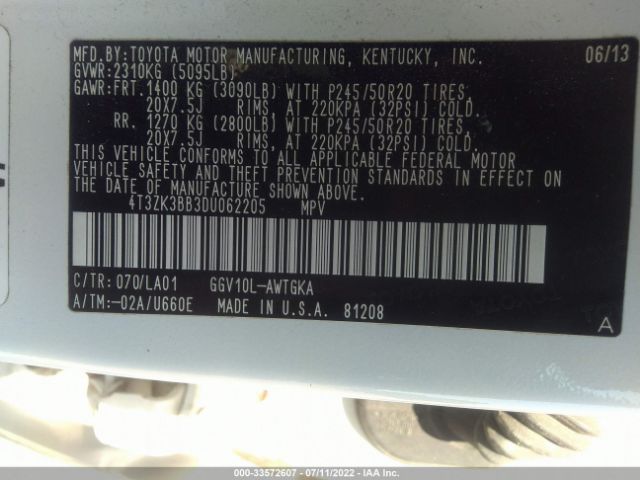 Photo 8 VIN: 4T3ZK3BB3DU062205 - TOYOTA VENZA 